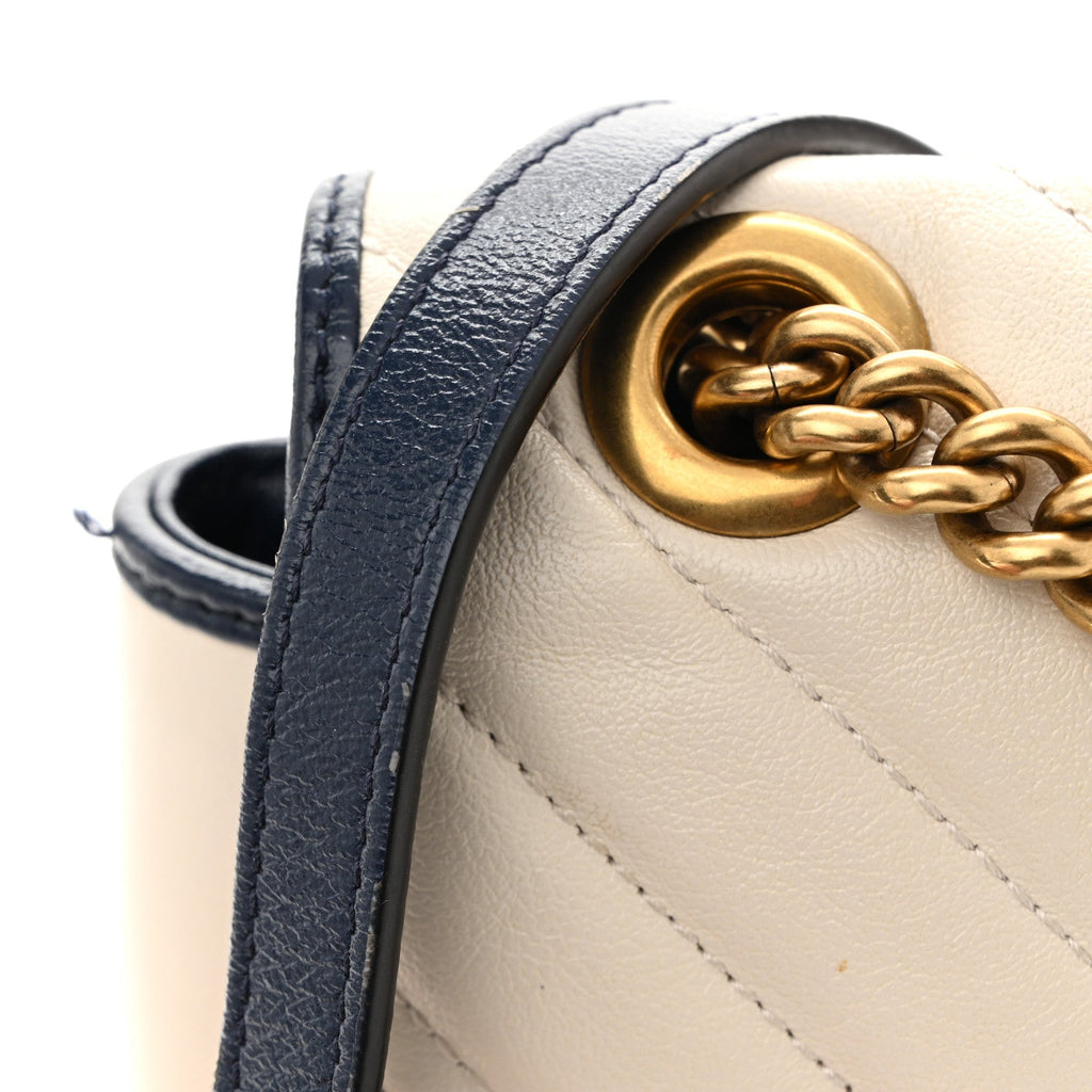 Vintage Effect Calfskin Matelasse Diagonal Small Torchon GG Marmont Shoulder Bag Mystic White Blue Agata