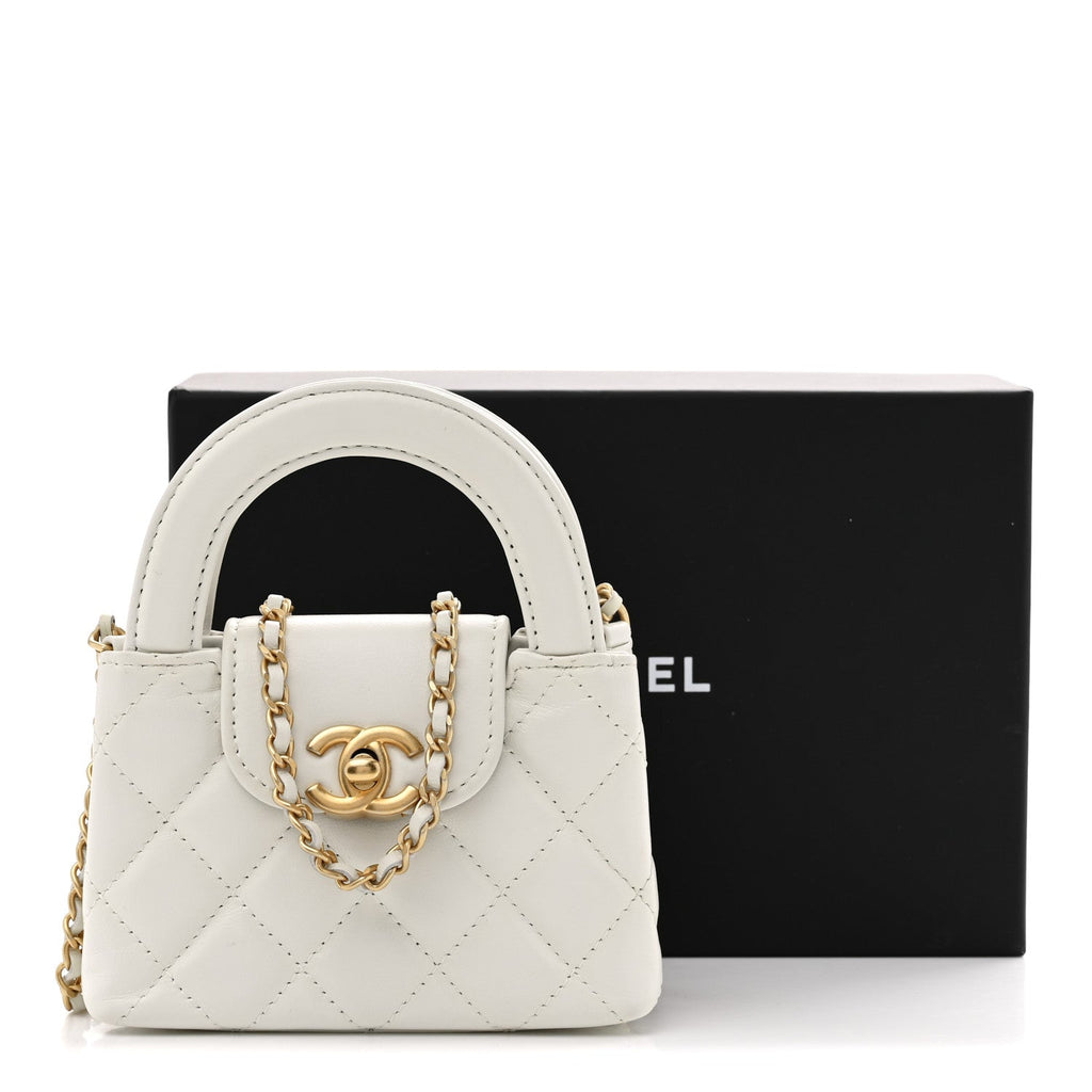 Shiny Aged Calfskin Quilted Mini Nano Kelly Shopper White