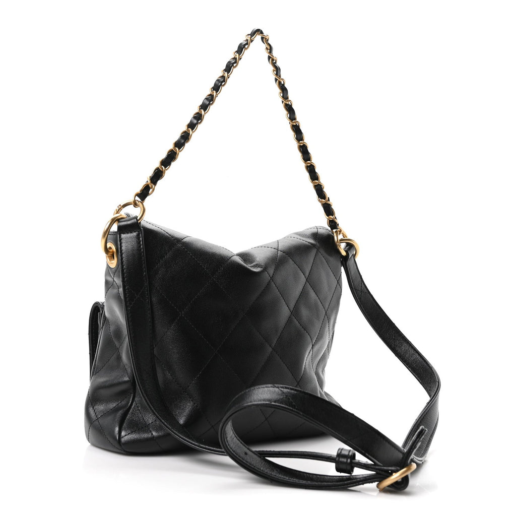 Shiny Calfskin Quilted Small Supple Twins Hobo Bag Black