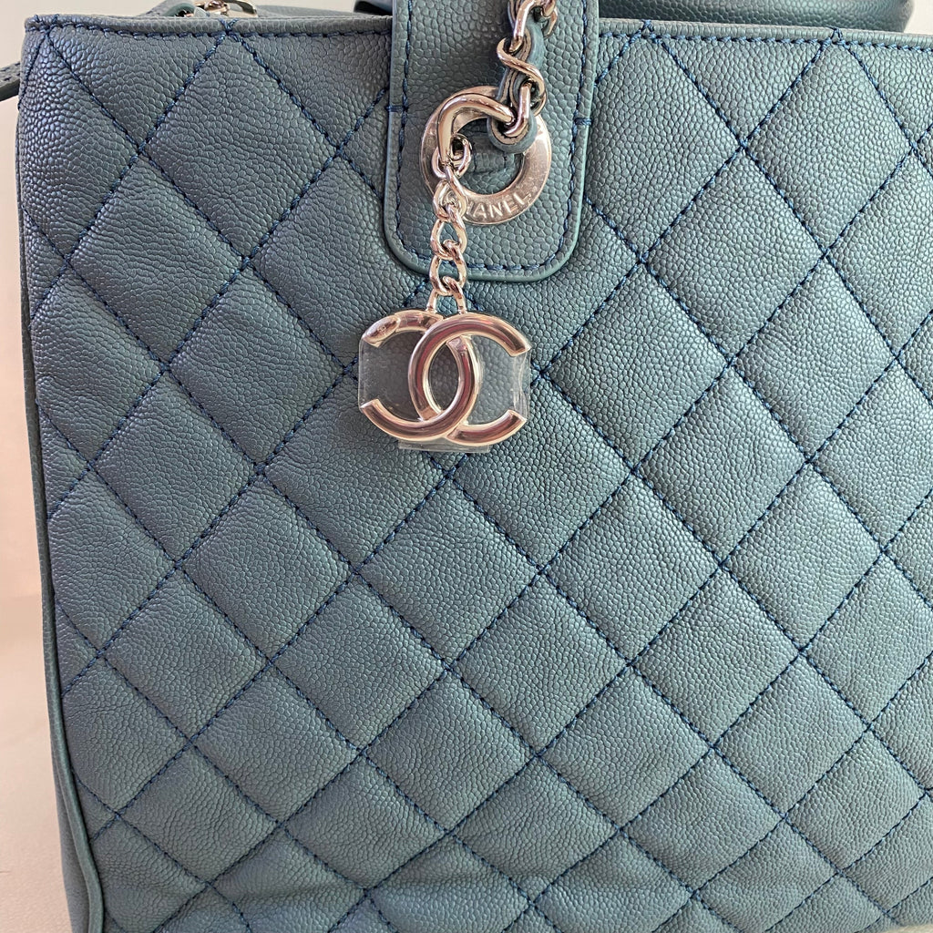CHANEL Quilted Urban Companion Caviar Top Handle Tote Shoulder Bag Blue
