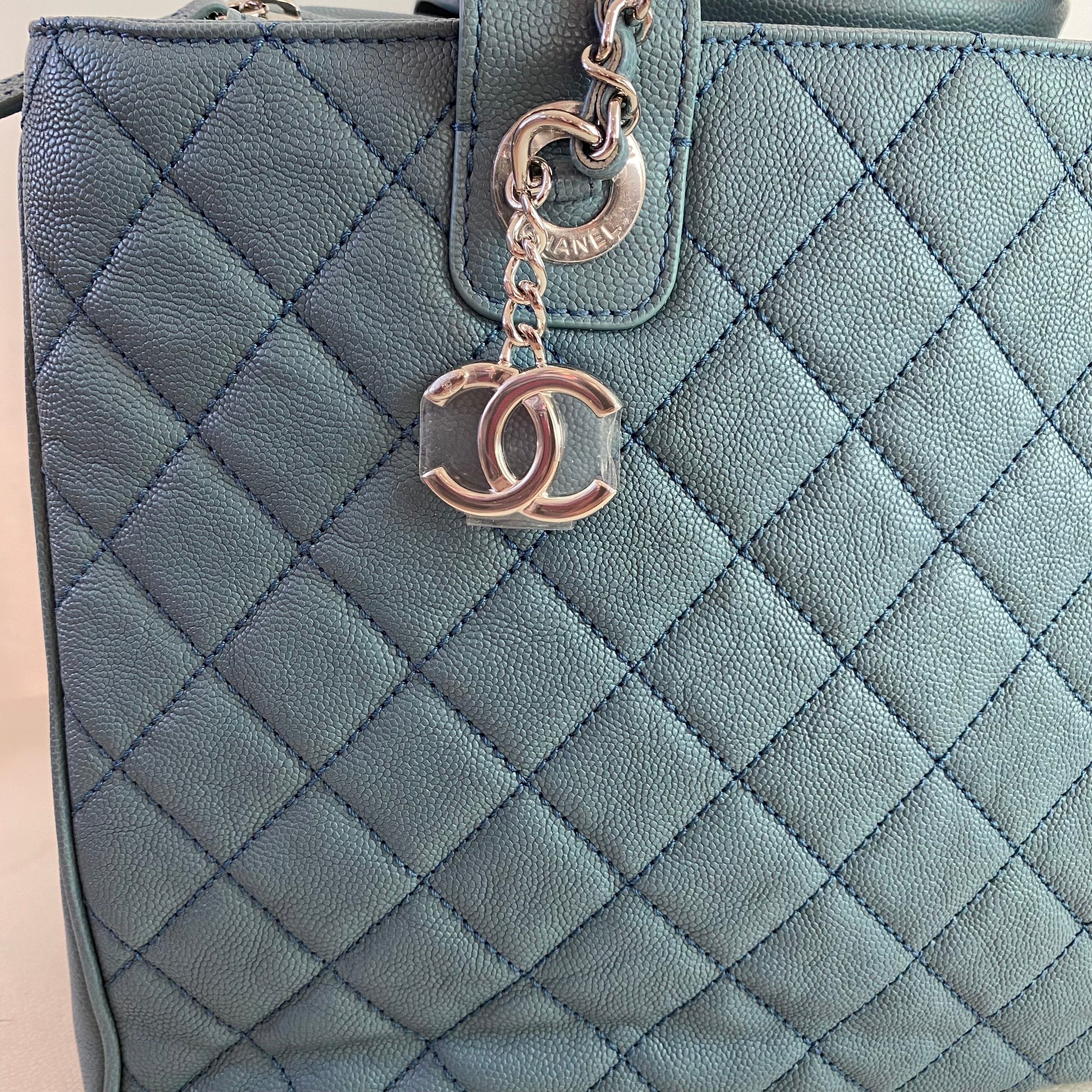CHANEL Quilted Urban Companion Caviar Top Handle Tote Shoulder Bag Blue