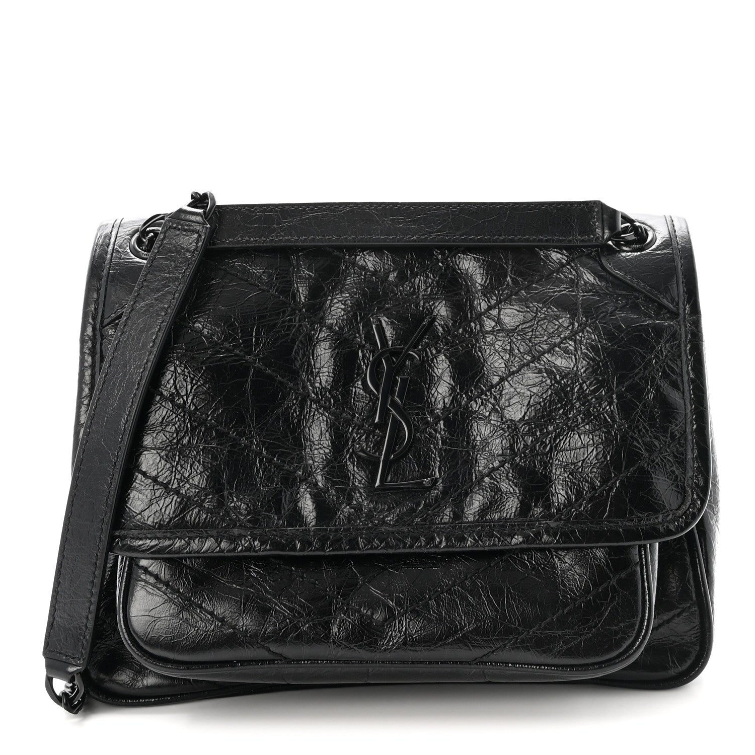 Crinkled Calfskin Matelasse Monogram Baby Niki Chain Satchel Black