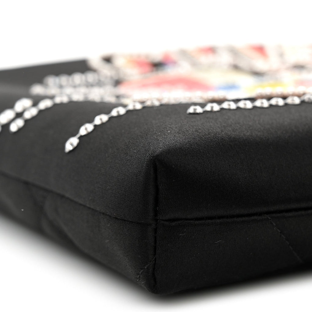 Satin Sequin Pearl Crystal Roller Skate Quilted Clutch With Chain Black Multicolor
