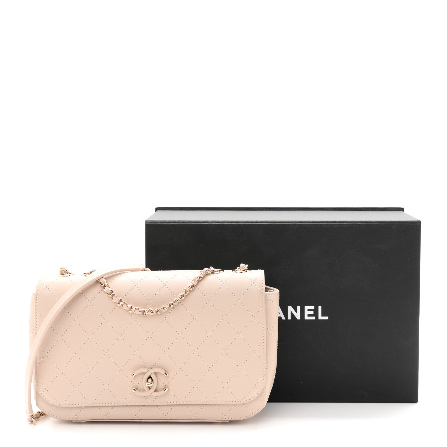 Calfskin Stitched Medium Covered CC Flap Bag Beige