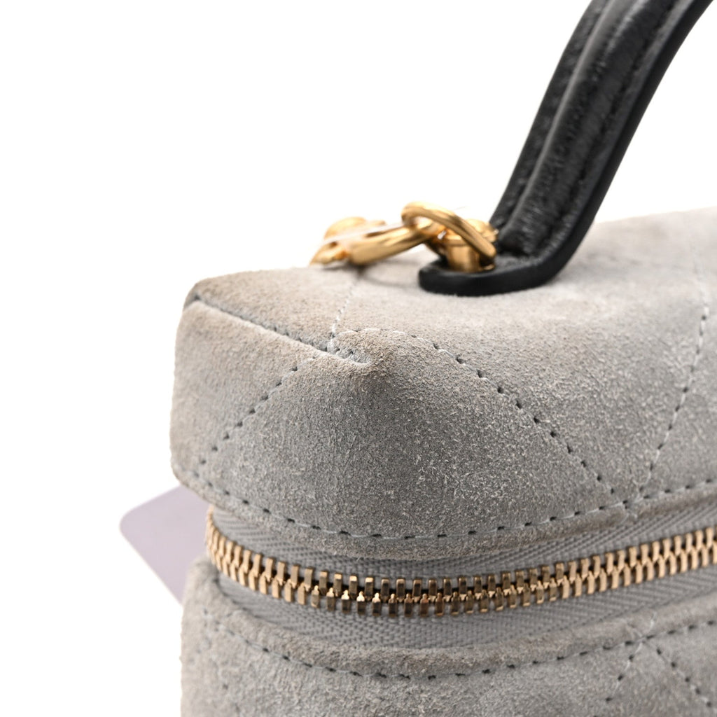 Suede Calfskin Shiny Lambskin Quilted Top Handle Slim Vanity Case With Chain Grey Black Grey Black