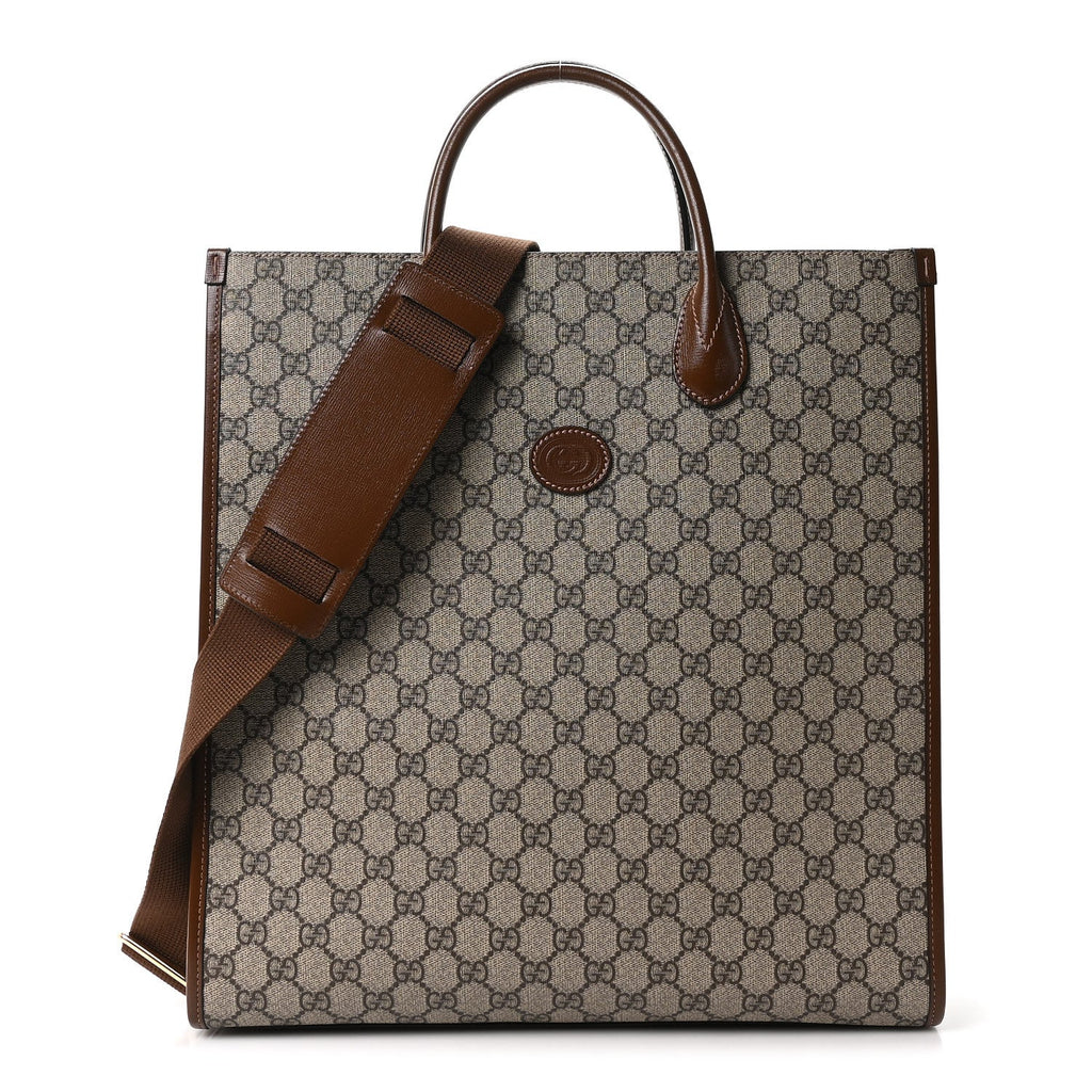 GG Supreme Monogram Textured Dollar Calfskin Medium Retro Interlocking G Vertical Tote Bag Beige Ebony Brown Sugar
