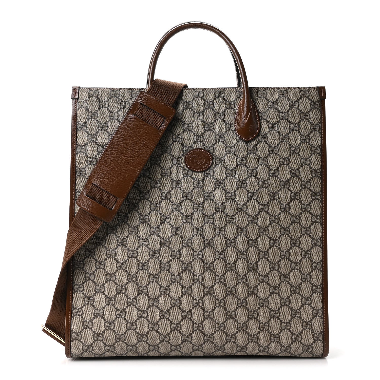 GG Supreme Monogram Textured Dollar Calfskin Medium Retro Interlocking G Vertical Tote Bag Beige Ebony Brown Sugar