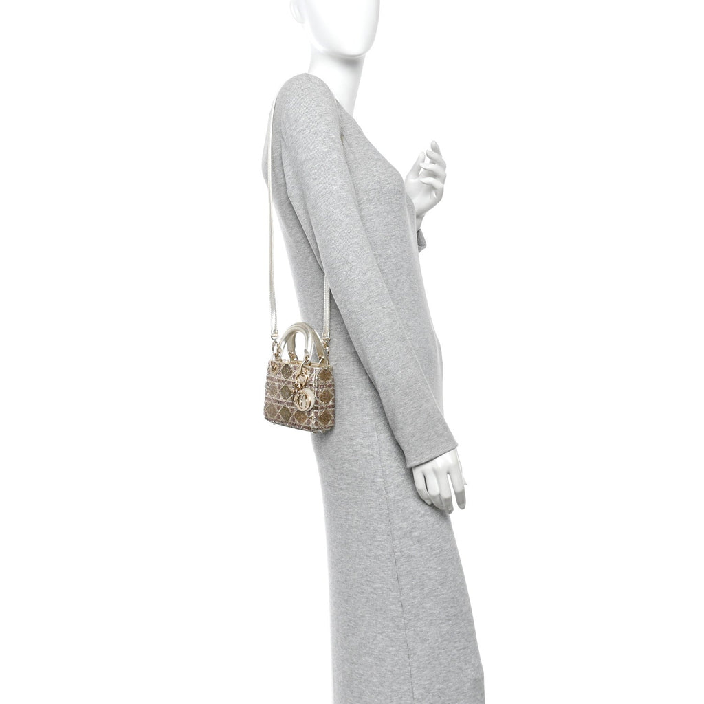 Metallic Lambskin Cannage Beaded Embroidered Micro Lady Dior Gold
