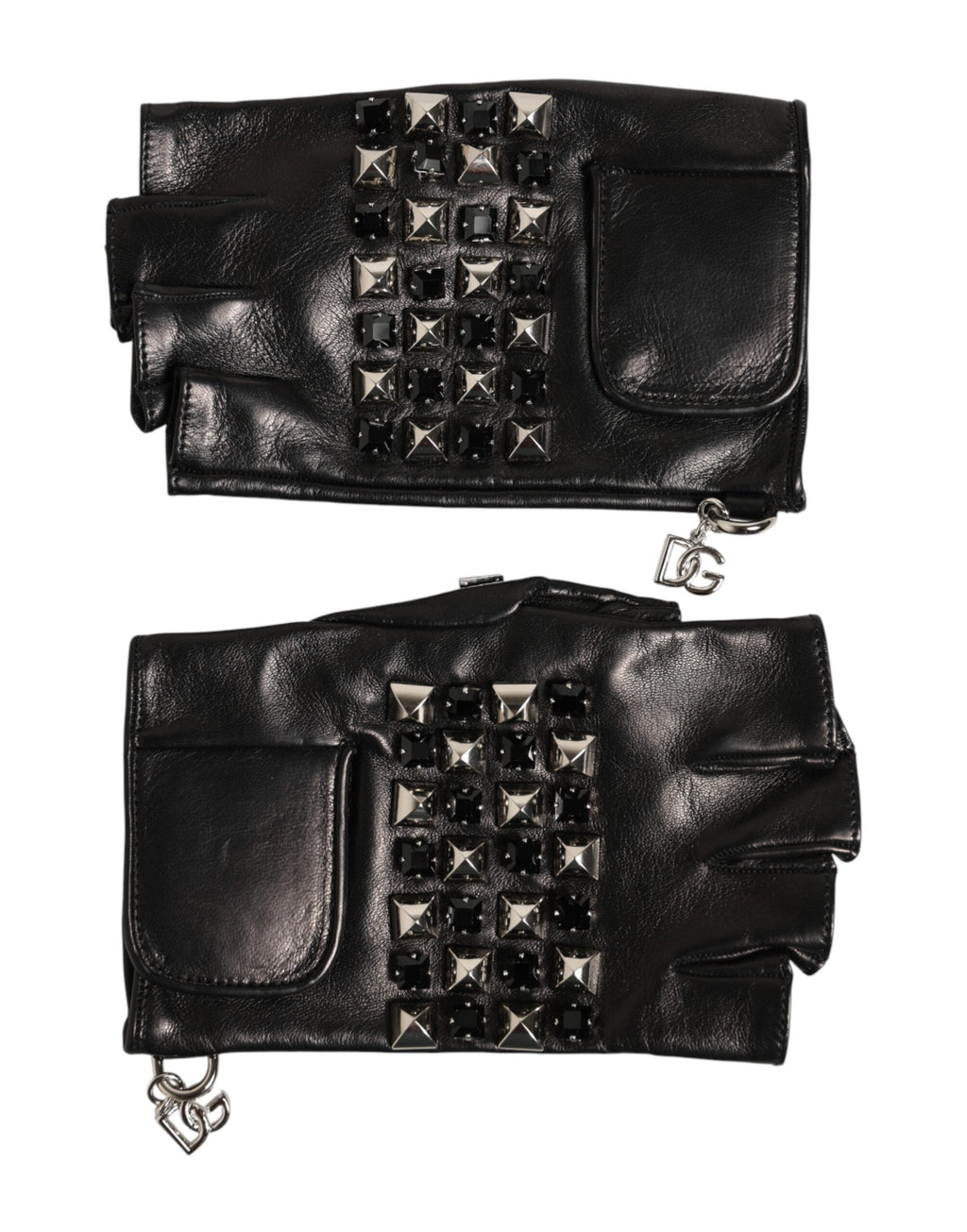 Dolce & Gabbana Black Leather Studded Fingerless Hand Mitten Men Men's Gloves