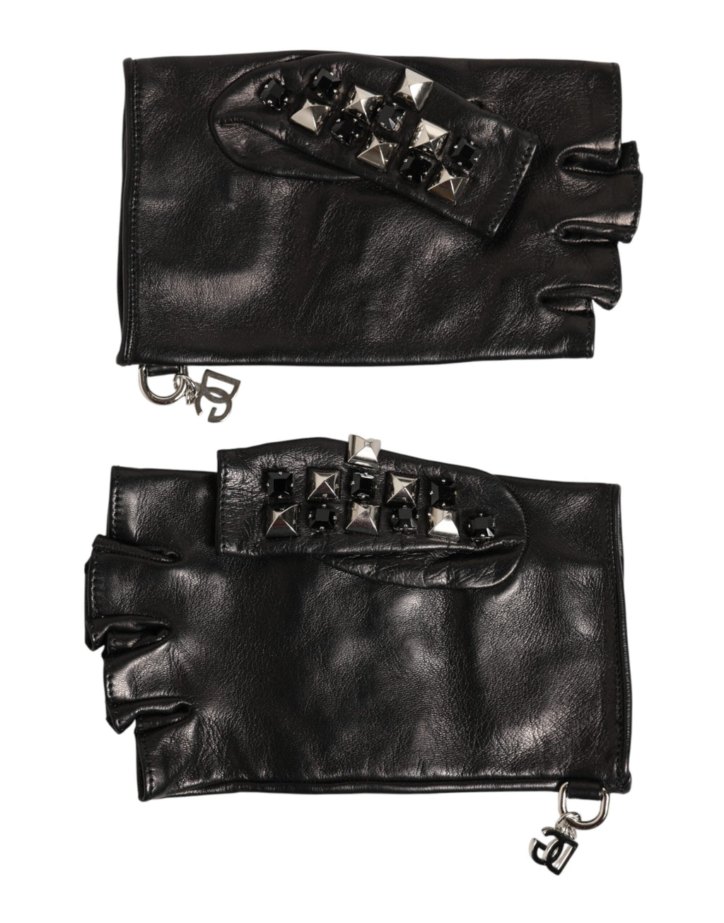 Dolce & Gabbana Black Leather Studded Fingerless Hand Mitten Men Men's Gloves