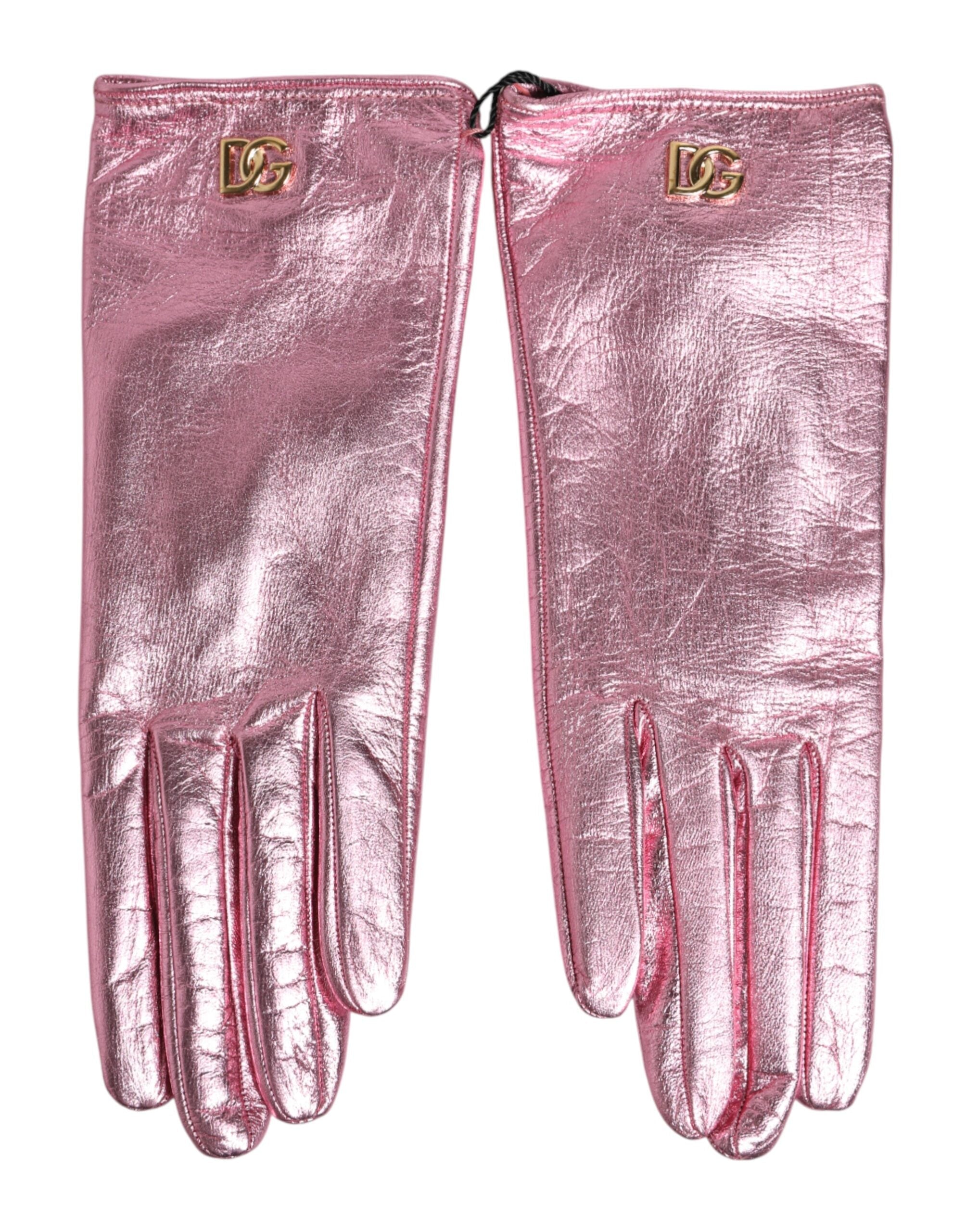 Dolce & Gabbana Pink Leather DG Logo Wrist Length Mitten Women's Gloves