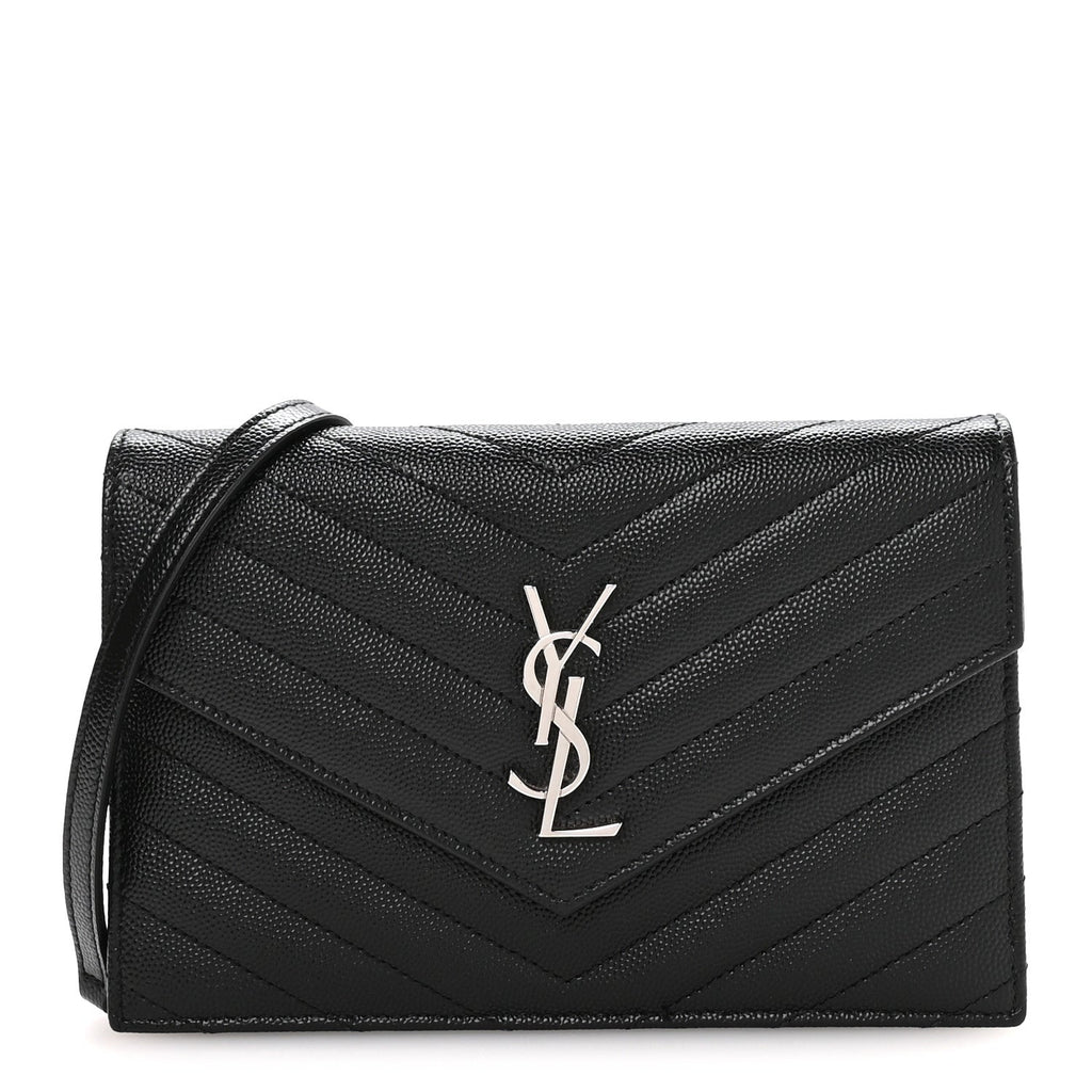 Grain De Poudre Matelasse Chevron Monogram Envelope Chain Wallet Black
