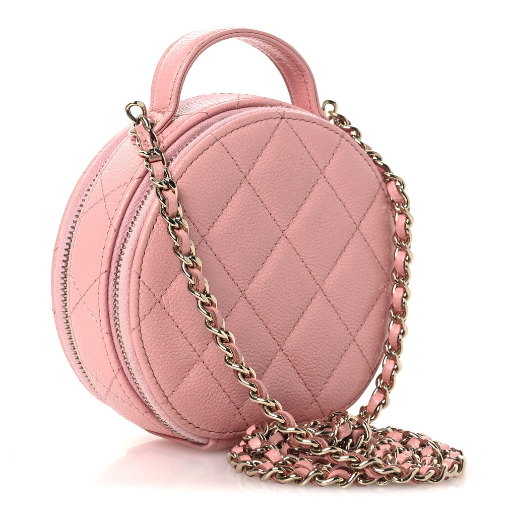 Caviar Quilted Round Handle With Care Vanity With Chain Pink