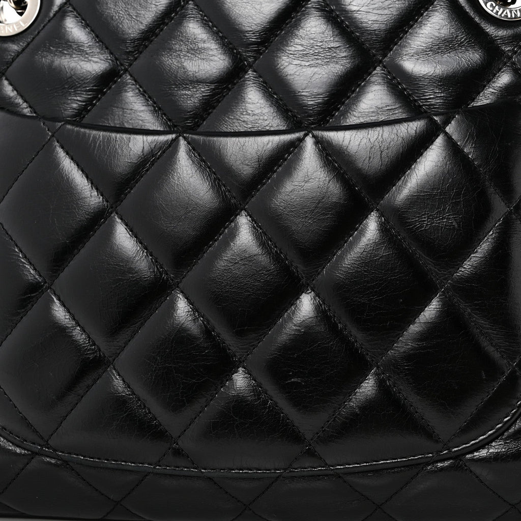 Glazed Calfskin Quilted Small CC Delivery Tote Black