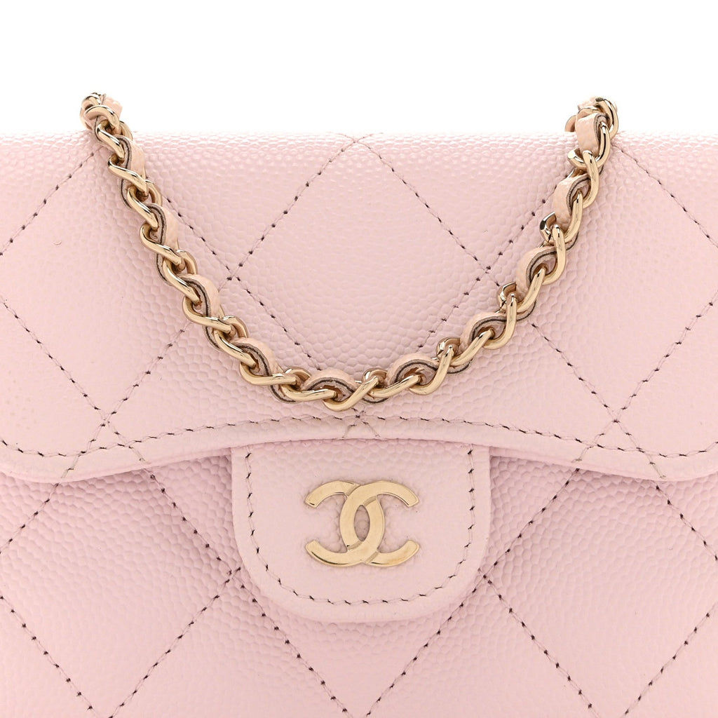Caviar Quilted Flap Card Holder On Chain Pink