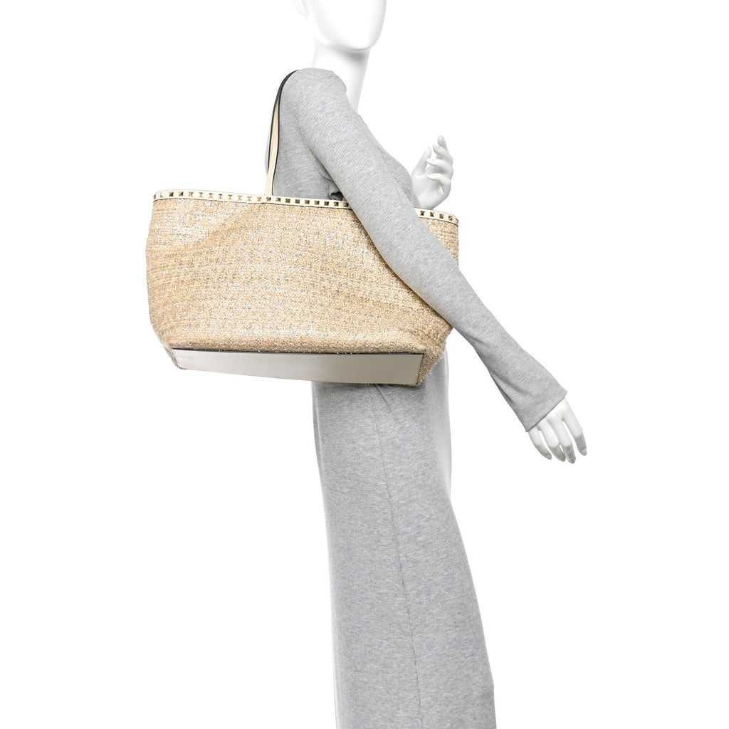 Metallic Boucle Raffia Calfskin Rockstud Shoulder Tote White Gold Ivory