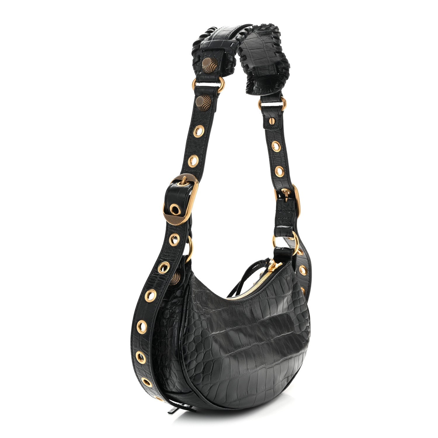 Extra Supple Calfskin Crocodile Embossed Le Cagole Shoulder Bag XS Black