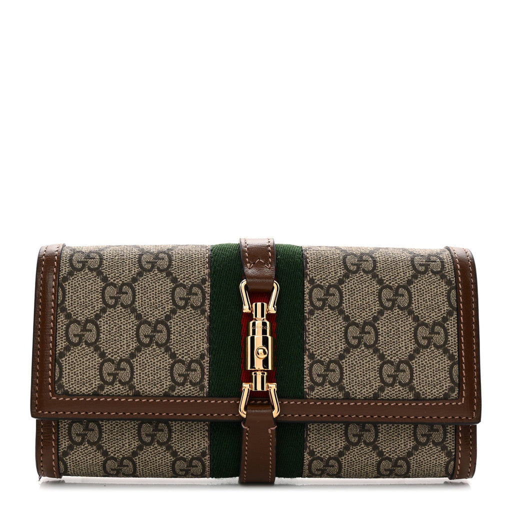 GG Supreme Monogram Azalea Calfskin Web Jackie 1961 Chain Wallet Beige Ebony Brown Sugar