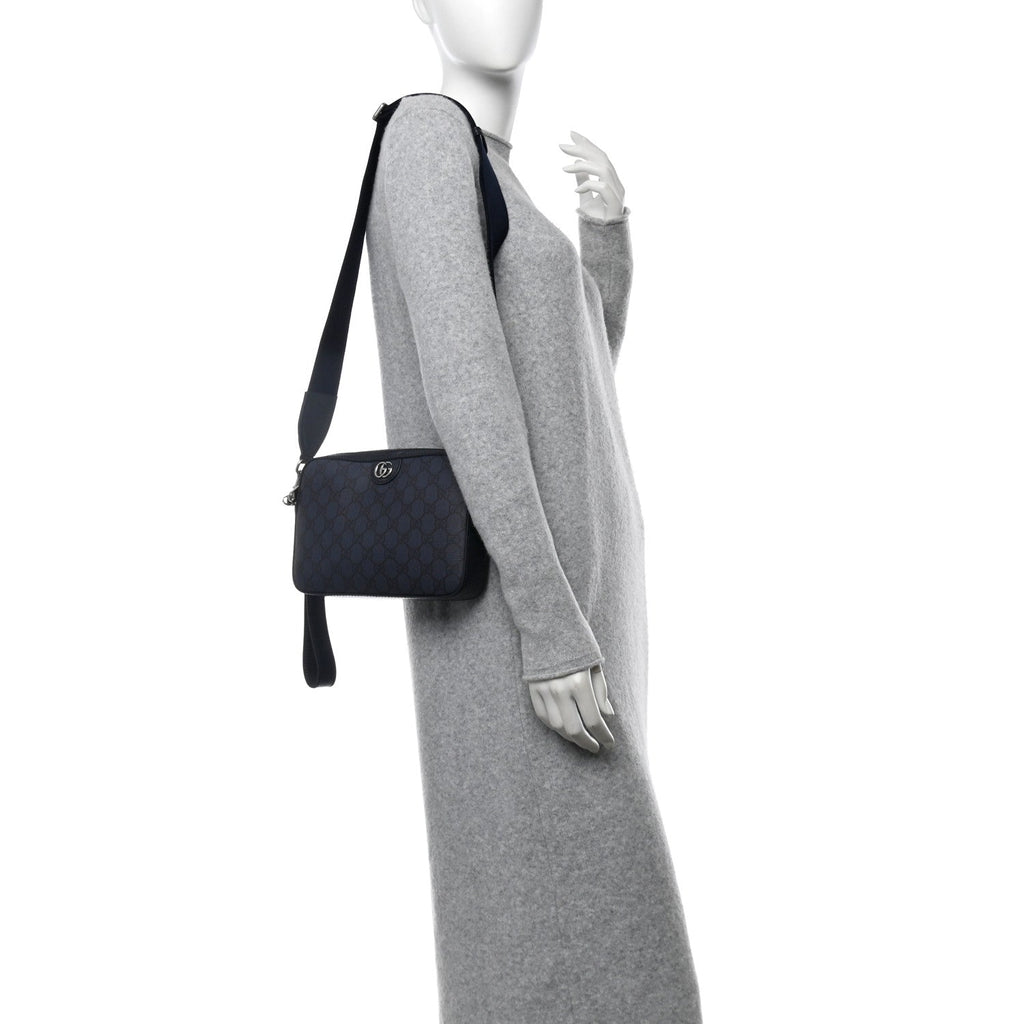 GG Supreme Monogram Textured Dollar Calfskin Web Ophidia Wristlet Shoulder Bag Black Blue