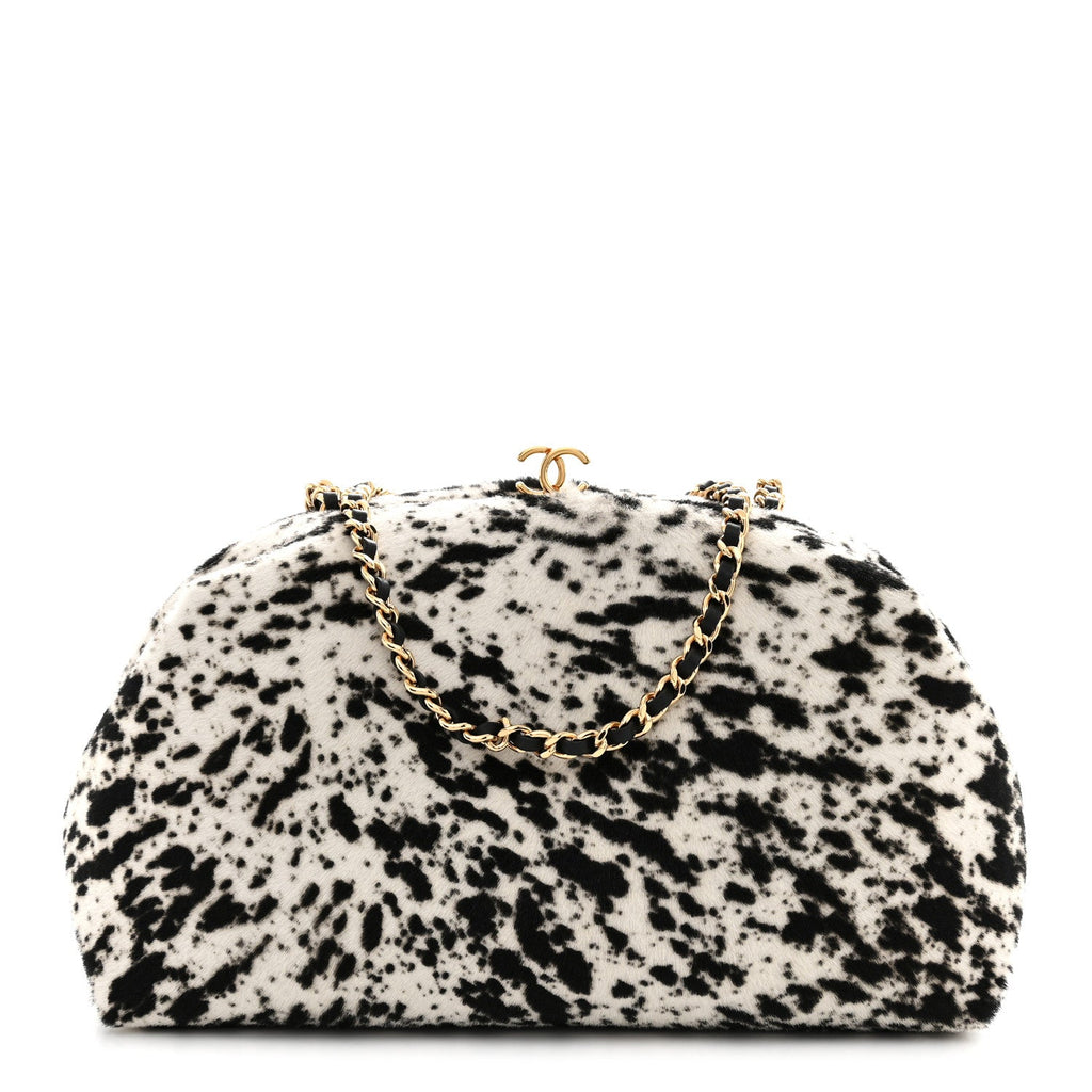 Pony Hair Printed Clutch With Chain Black White
