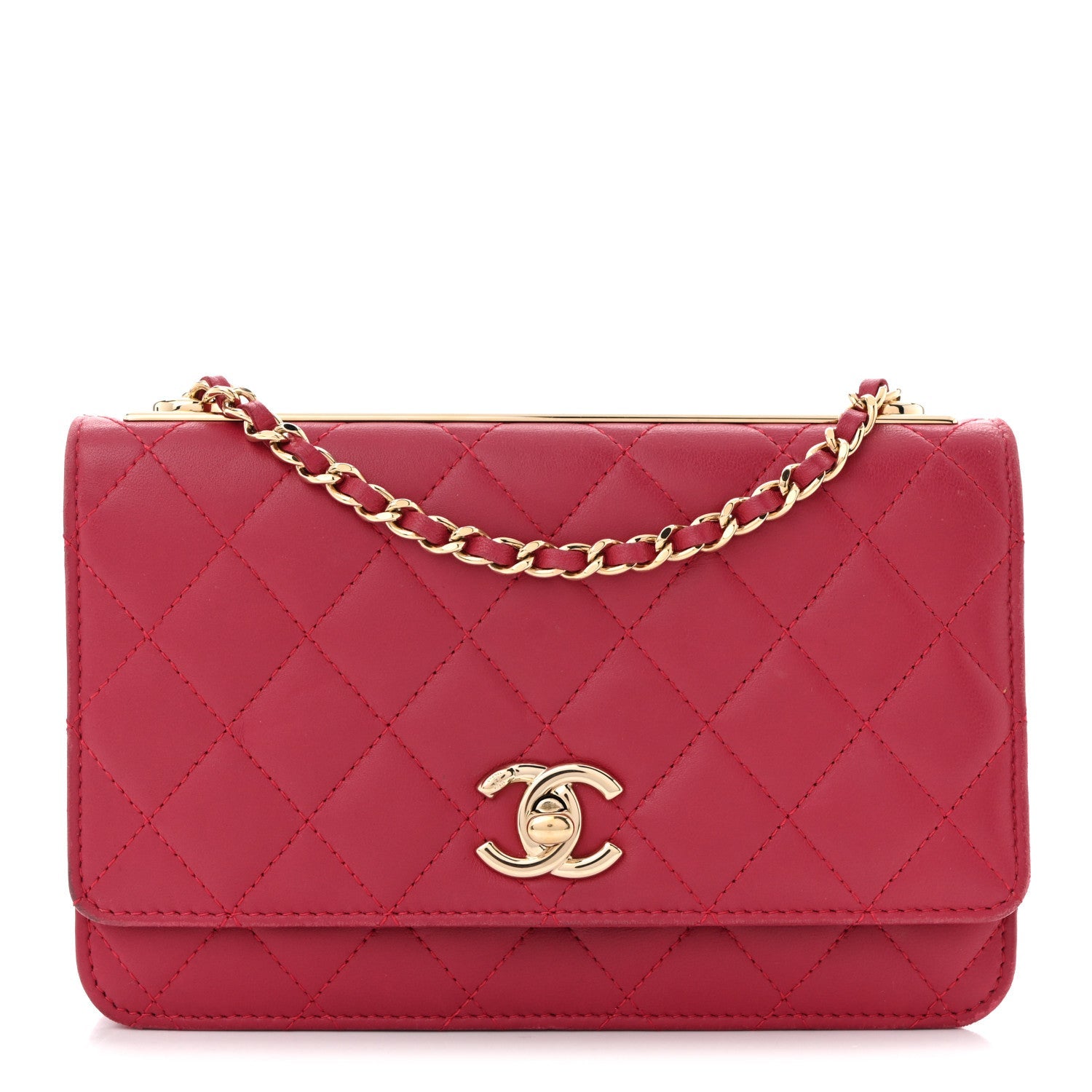 Lambskin Quilted Trendy CC Wallet On Chain WOC Dark Pink