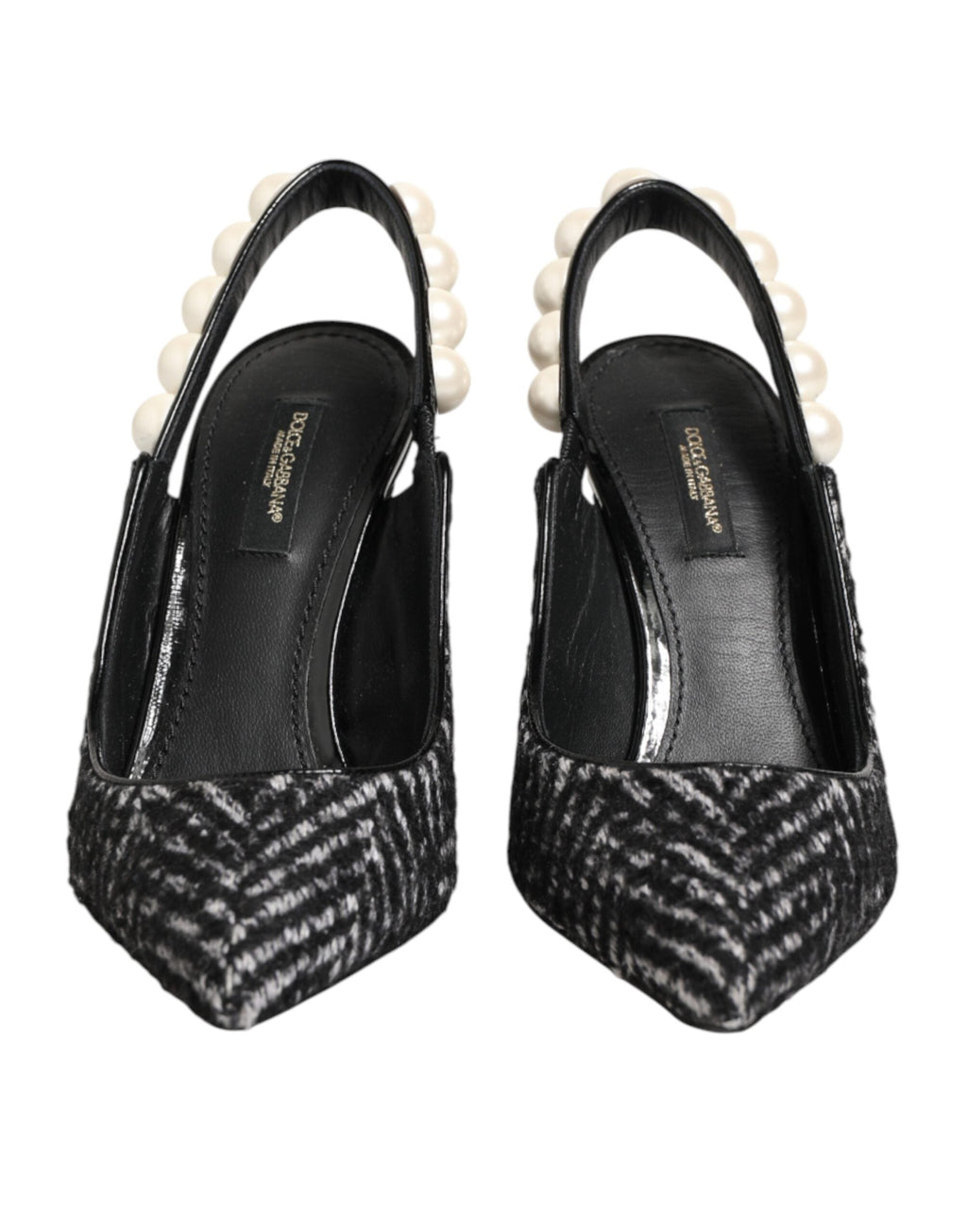 Dolce & Gabbana White Black Chevron Faux Pearl Slingbacks Women's Shoes