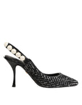 Dolce & Gabbana White Black Chevron Faux Pearl Slingbacks Women's Shoes