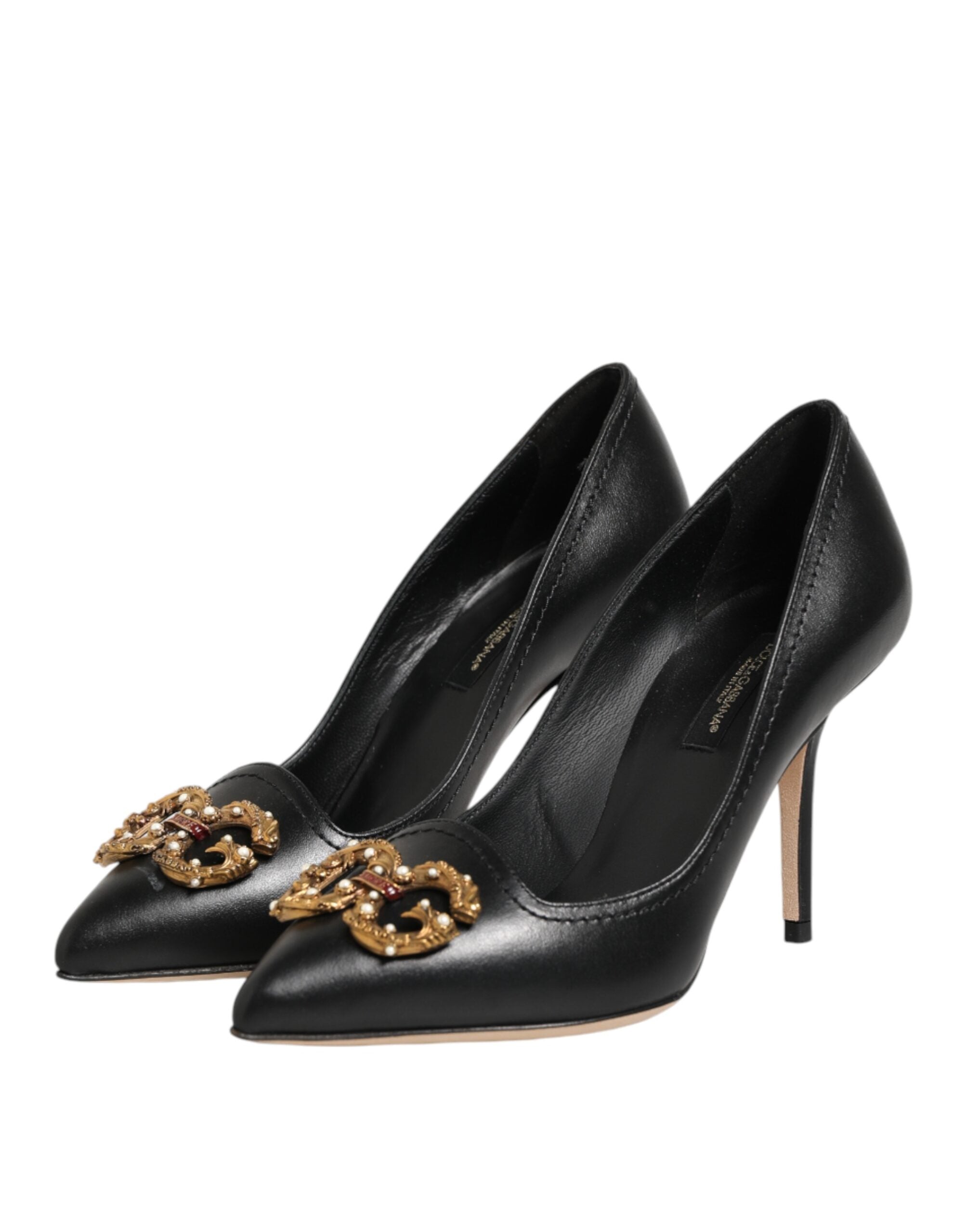 Dolce & Gabbana Black Leather DG Amore Heels Pumps Women's Shoes