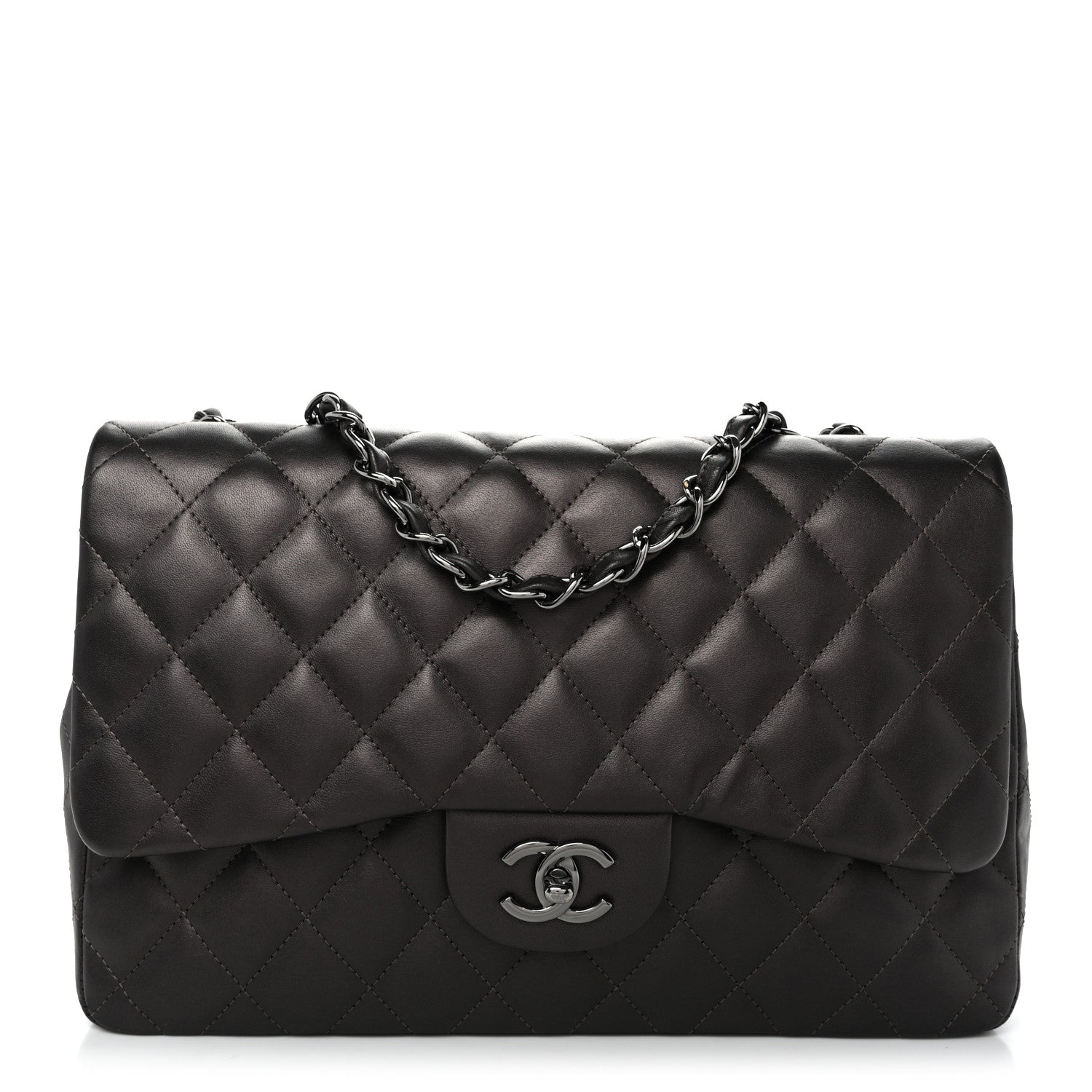 Lambskin Quilted Jumbo Single Flap  Dark Grey