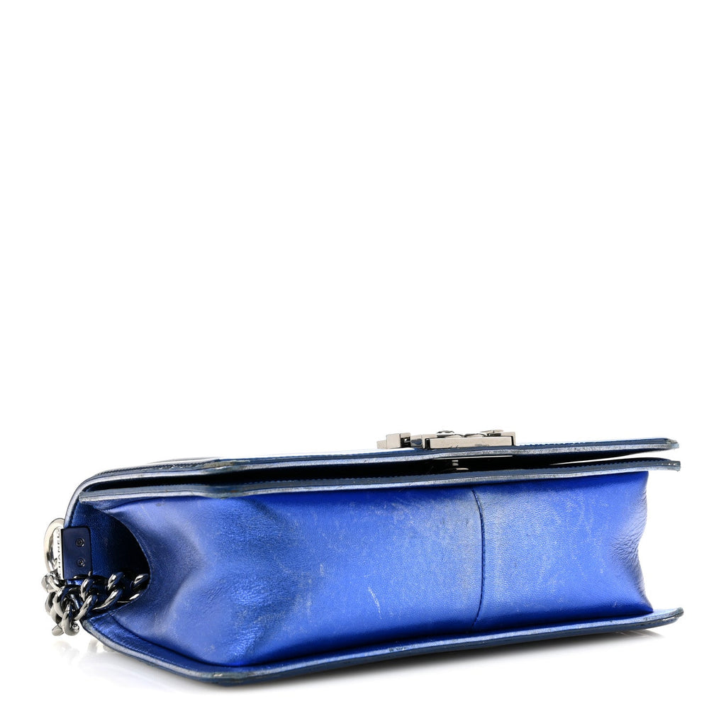 Metallic Patent Quilted Medium Boy Flap Blue