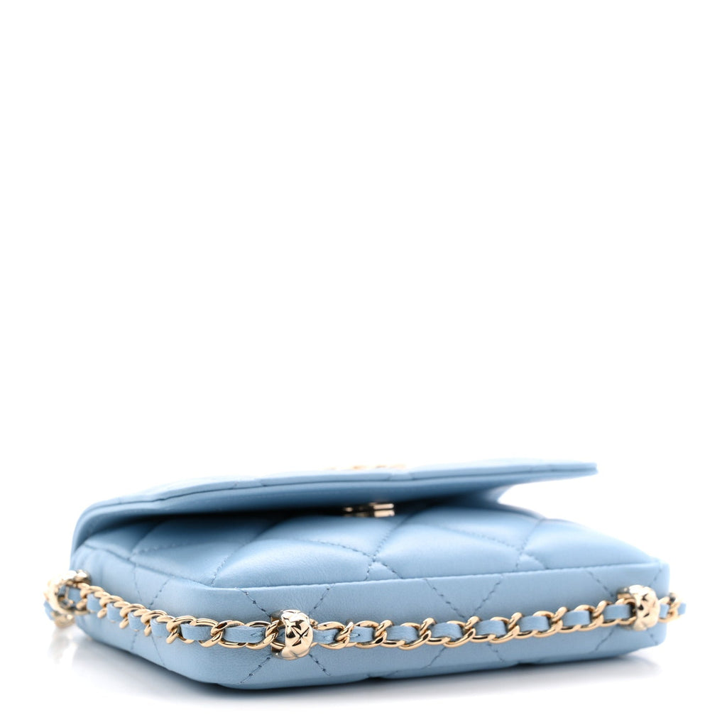 Lambskin Quilted Chain Around Coin Purse With Chain Light Blue
