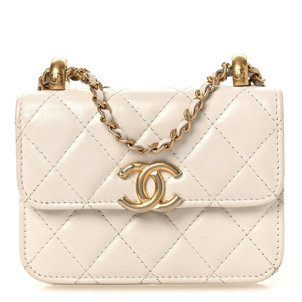 Calfskin Quilted Perfect Fit Coin Purse With Chain White