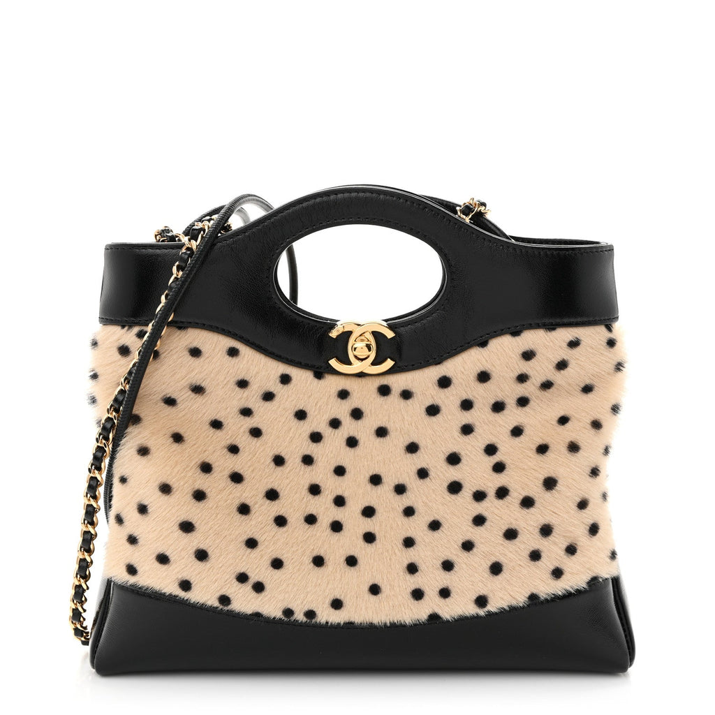 Shiny Lambskin Pony Hair Cheetah Printed Mini 31 Shopping Bag  Light Beige Black