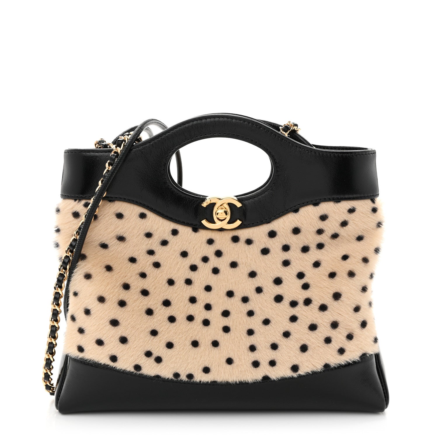 Shiny Lambskin Pony Hair Cheetah Printed Mini 31 Shopping Bag  Light Beige Black