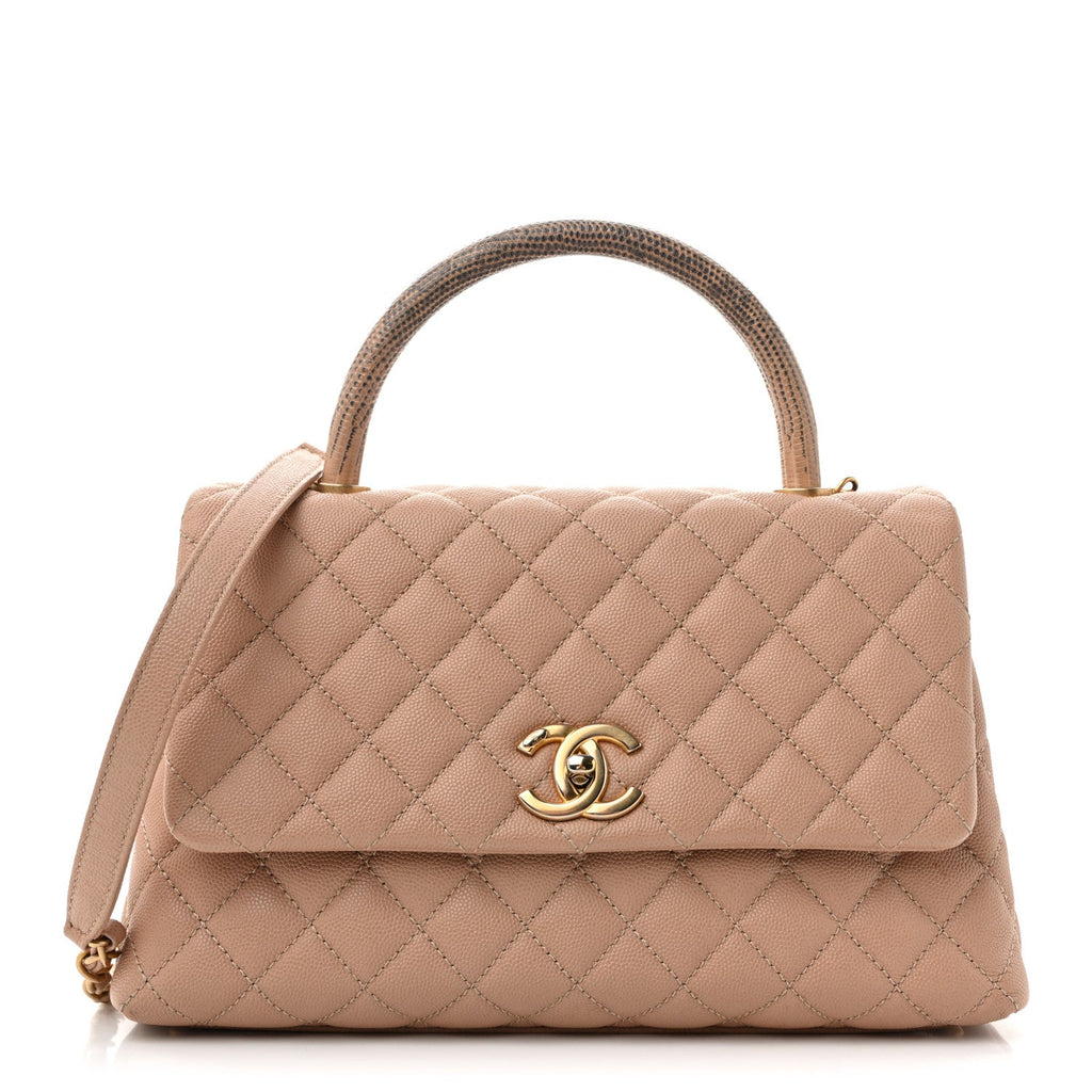 Caviar Lizard Quilted Small Coco Handle Flap Beige