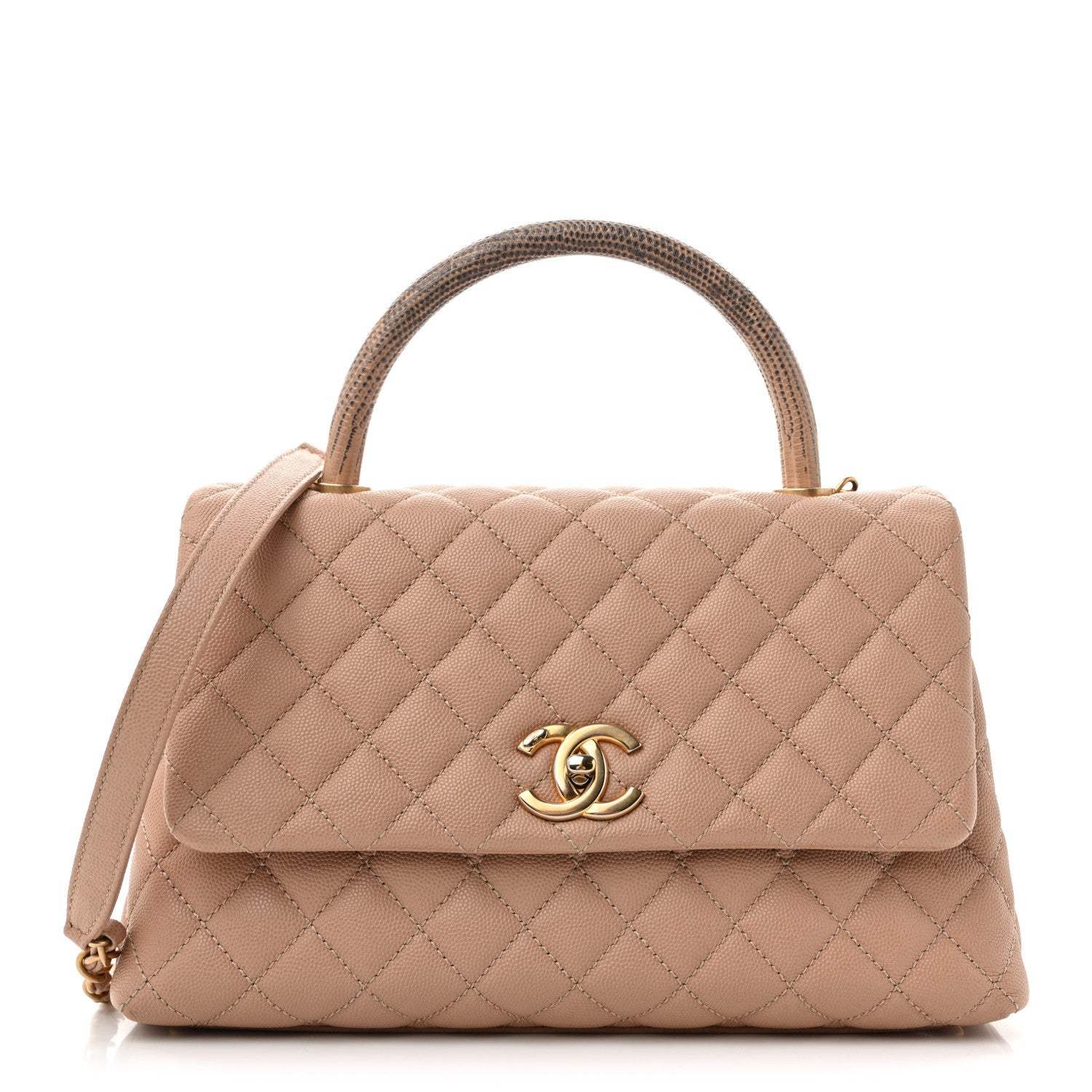 Caviar Lizard Quilted Small Coco Handle Flap Beige