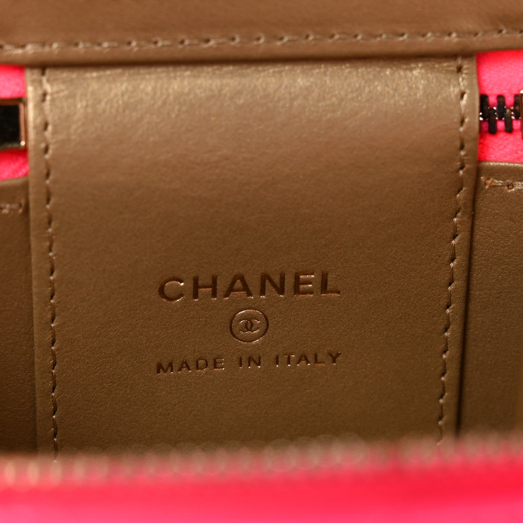 Patent Quilted Pearl Crush Mini Vanity Case With Chain Neon Pink