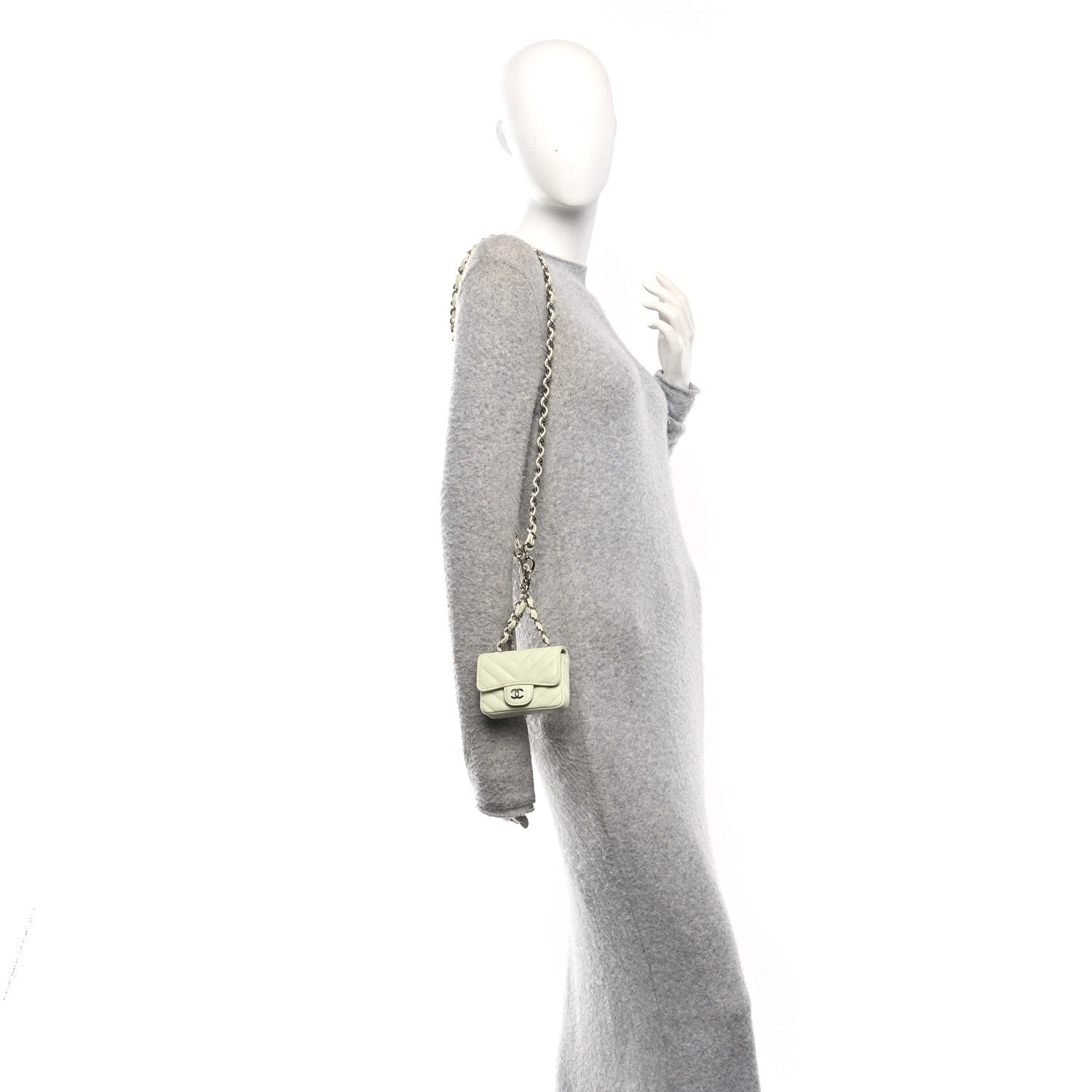 Sheepskin Chevron Quilted Mini Chain Belt Bag Light Green