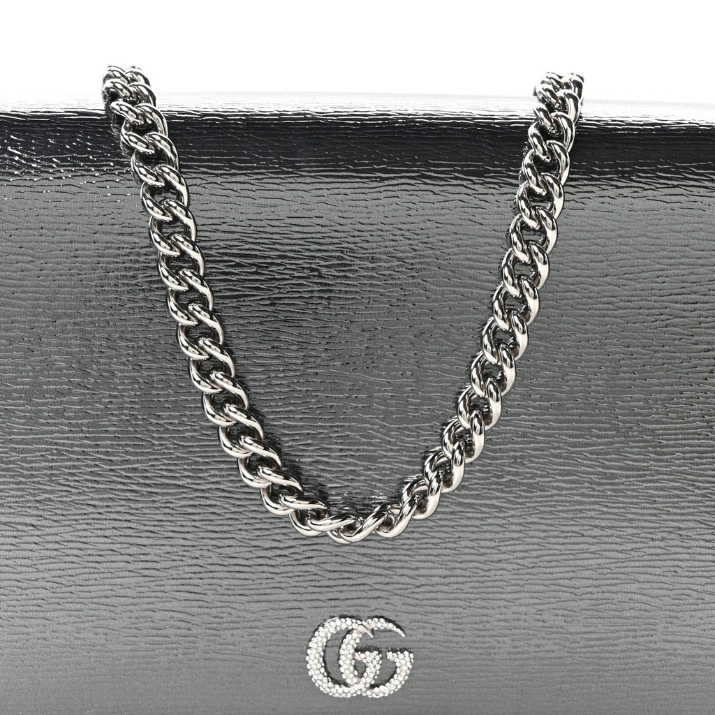Textured Patent Bi-color GG Marmont Wallet on Chain  Silver Blue