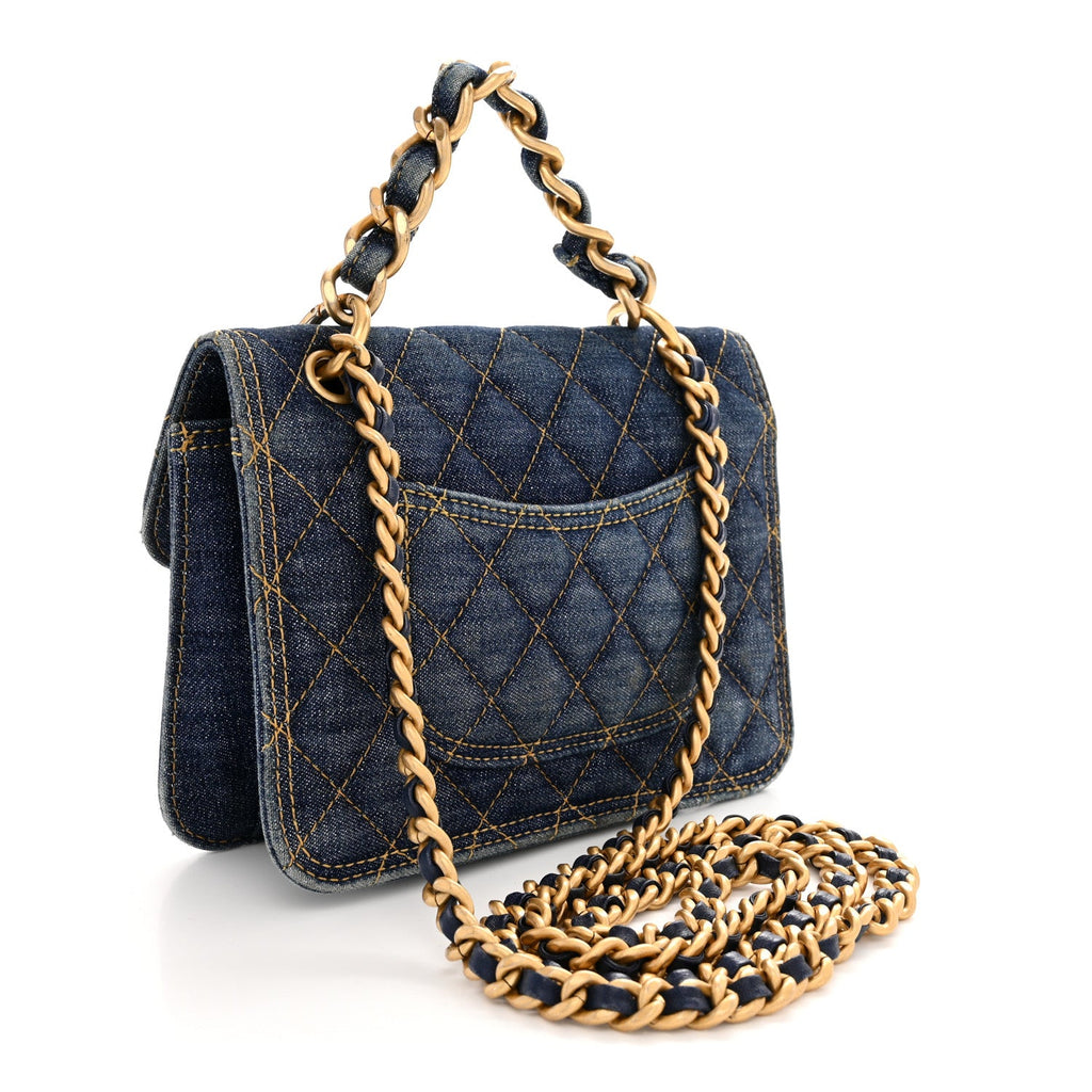 Denim Quilted Double You Mini Flap Blue Golden