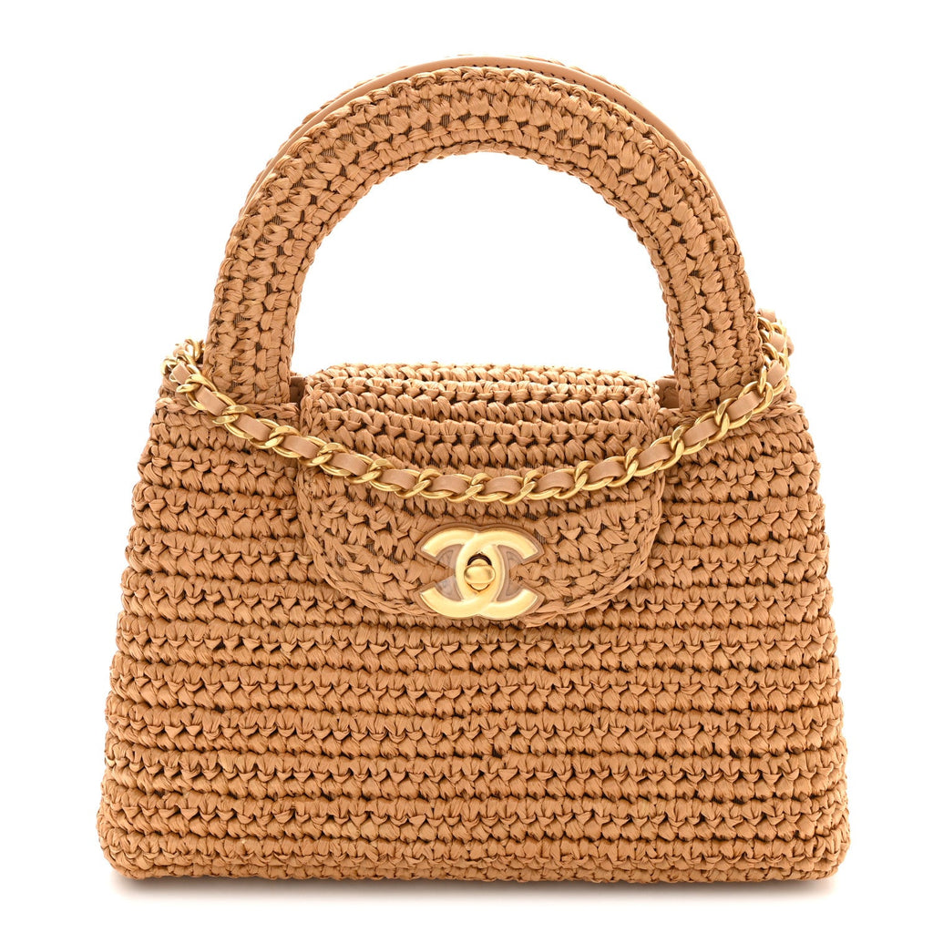 Braided Raffia Nano Kelly Flap Bag Dark Beige