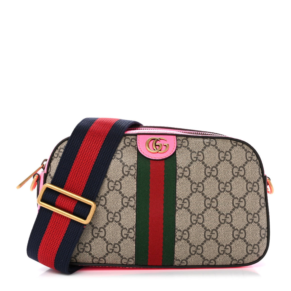 GG Supreme Monogram Textured Dollar Calfskin Web Ophidia Small Crossbody Bag Beige Ebony Fuchsia