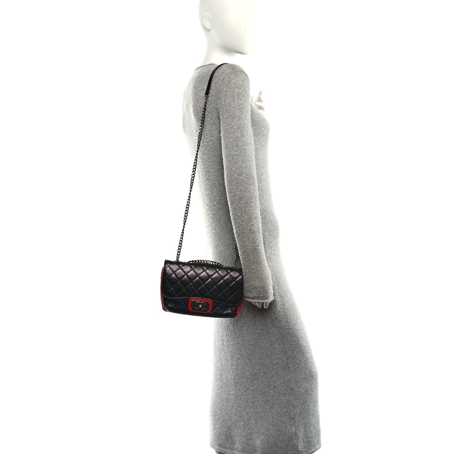 Shiny Goatskin Quilted Tri-Color Flap Black Red Navy
