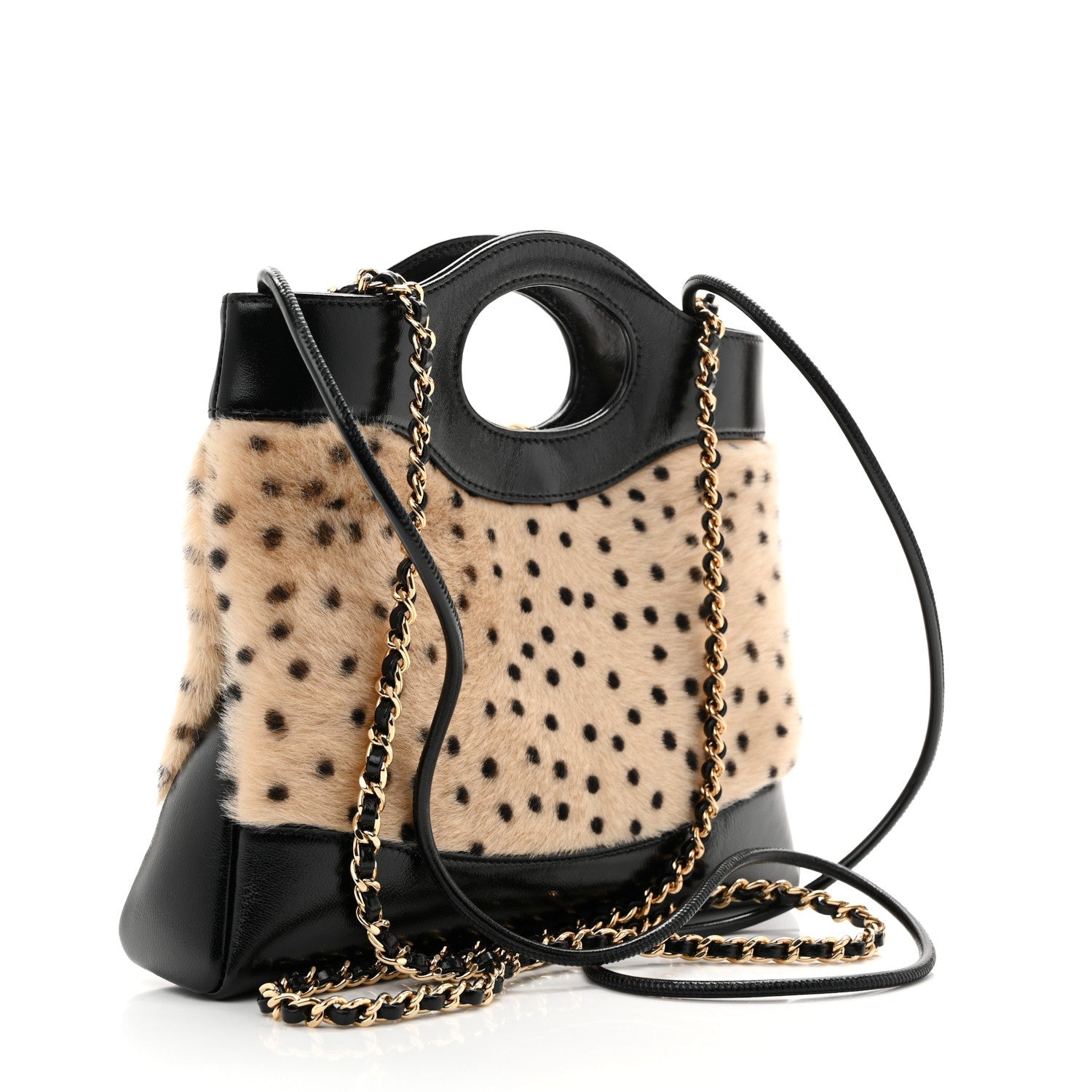 Shiny Lambskin Pony Hair Cheetah Printed Mini 31 Shopping Bag  Light Beige Black