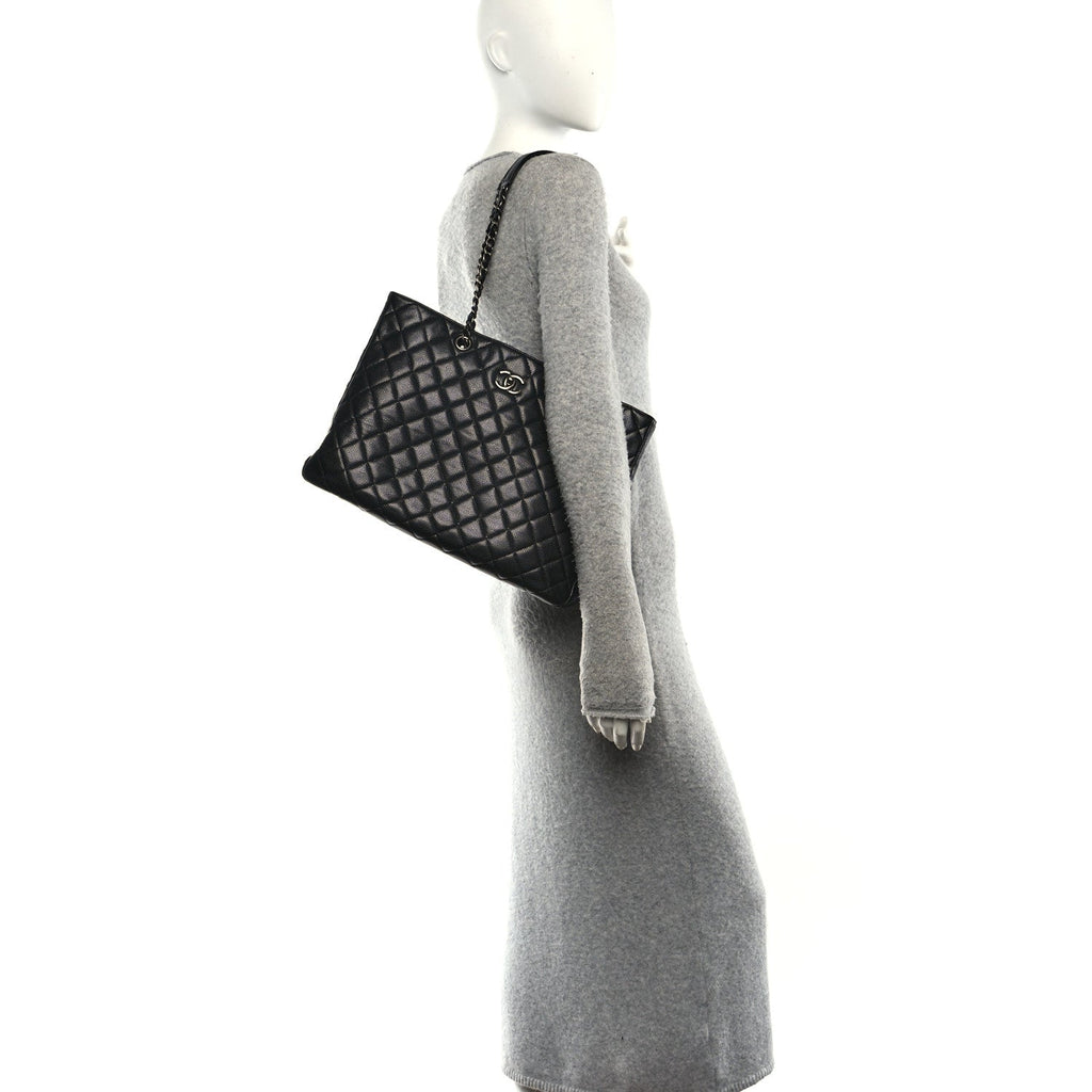 Calfskin Quilted Large CC Shopping Tote Black