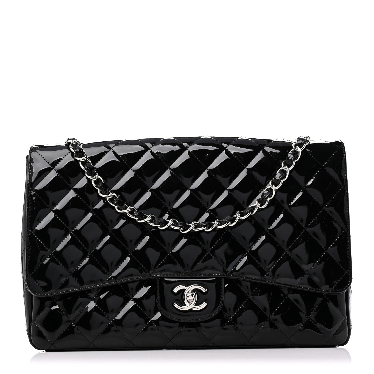 Patent Calfskin Sparkle Quilted Maxi Single Flap Black
