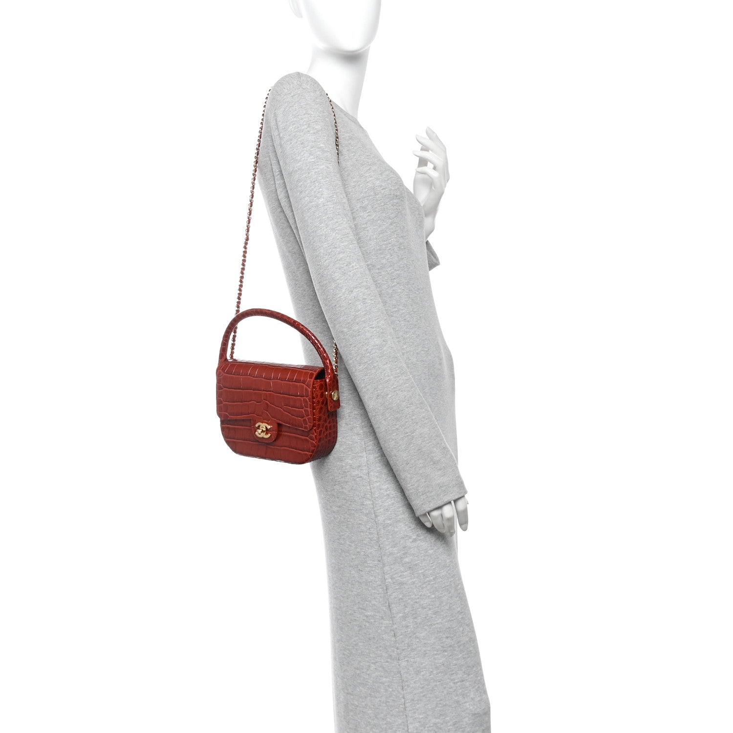 Calfskin Crocodile Embossed Turn Around Mini Flap Grey Burgundy