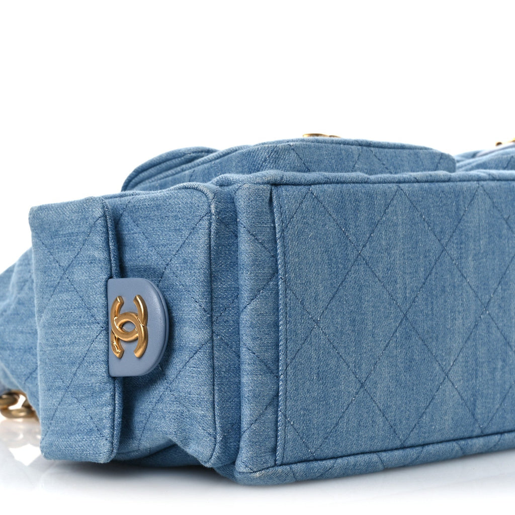 Washed Denim Quilted Large Trendy Pockets Hobo Blue