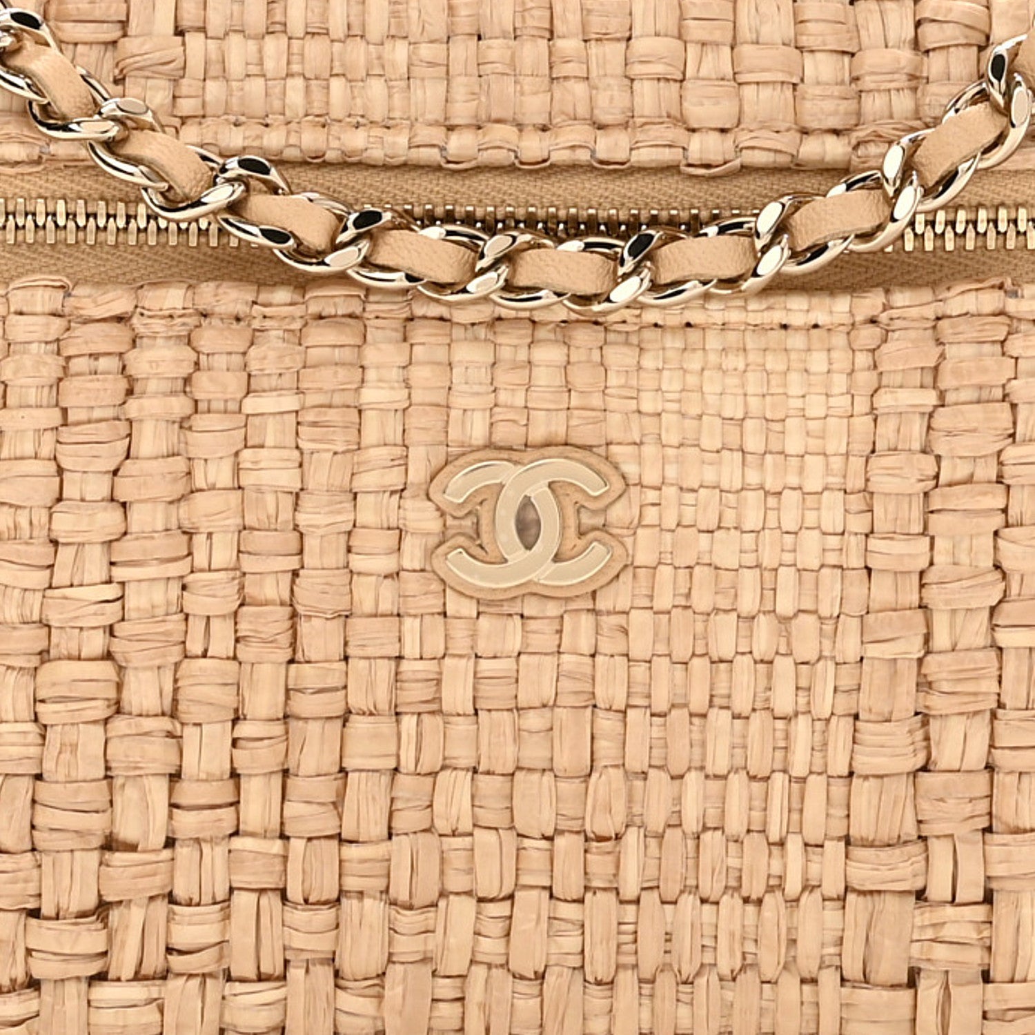 Braided Raffia Quilted Top Handle Slim Vanity Case With Chain Beige