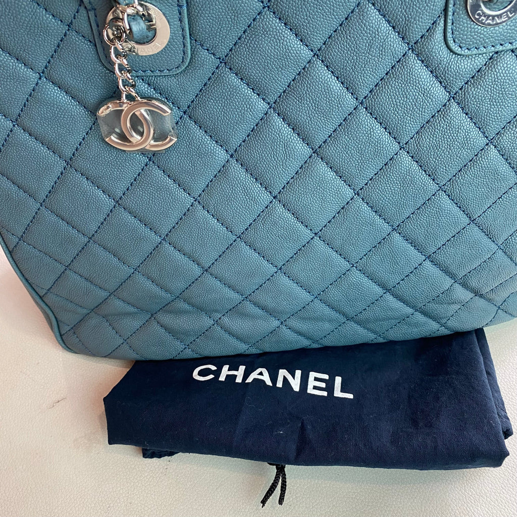CHANEL Quilted Urban Companion Caviar Top Handle Tote Shoulder Bag Blue